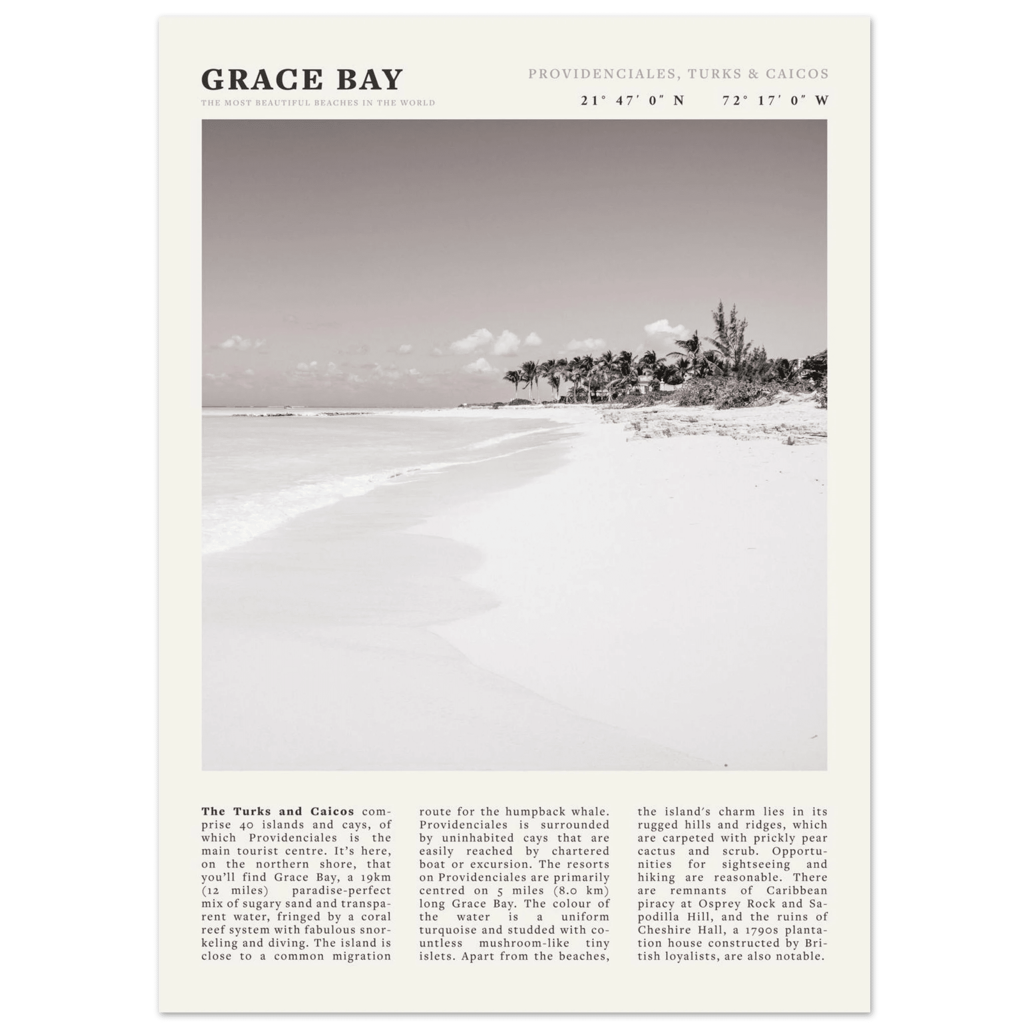 Grace Bay Poster | Black & White Turks & Caicos Wall Art | Caribbean Beach Print - Evergreen Posters