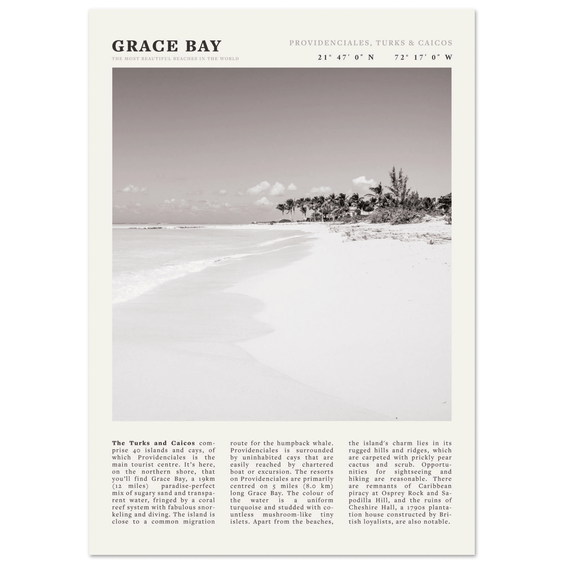 Grace Bay Poster | Black & White Turks & Caicos Wall Art | Caribbean Beach Print - Evergreen Posters