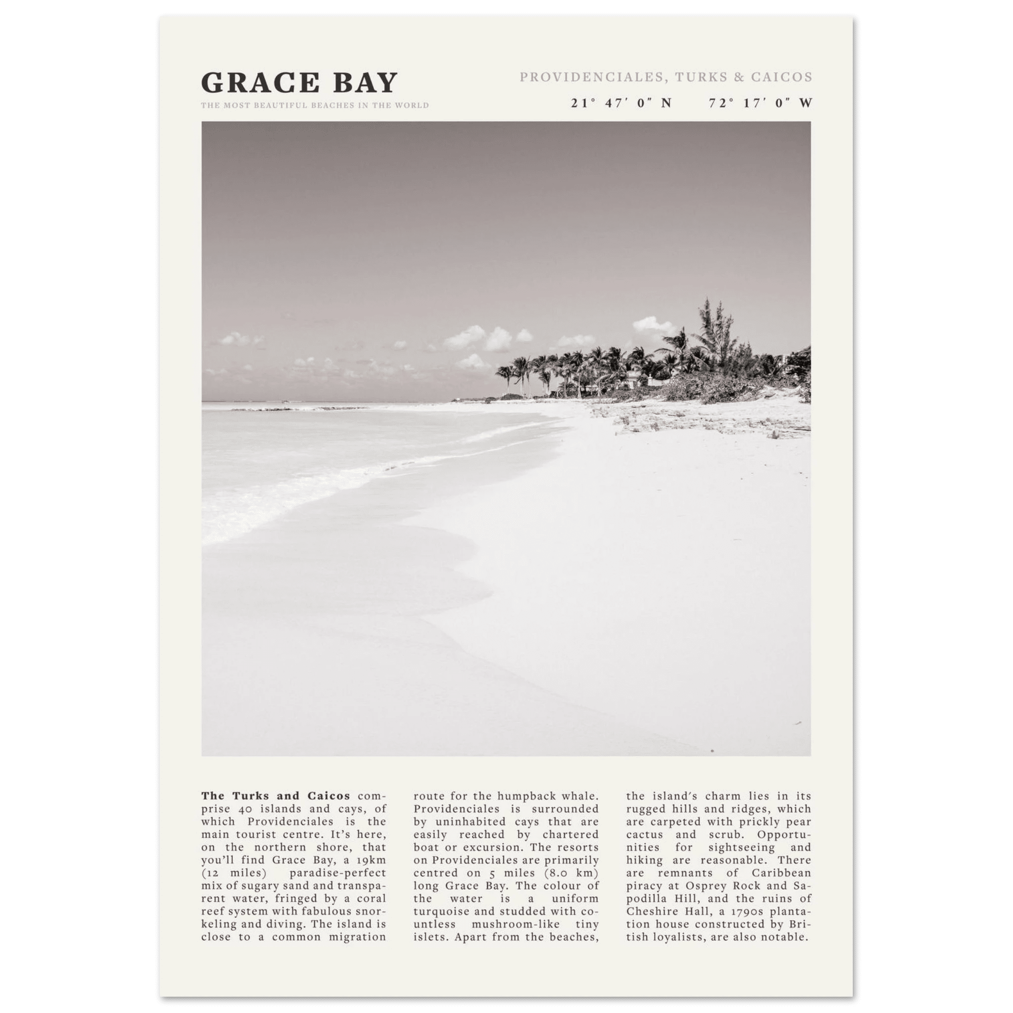 Grace Bay Poster | Black & White Turks & Caicos Wall Art | Caribbean Beach Print - Evergreen Posters