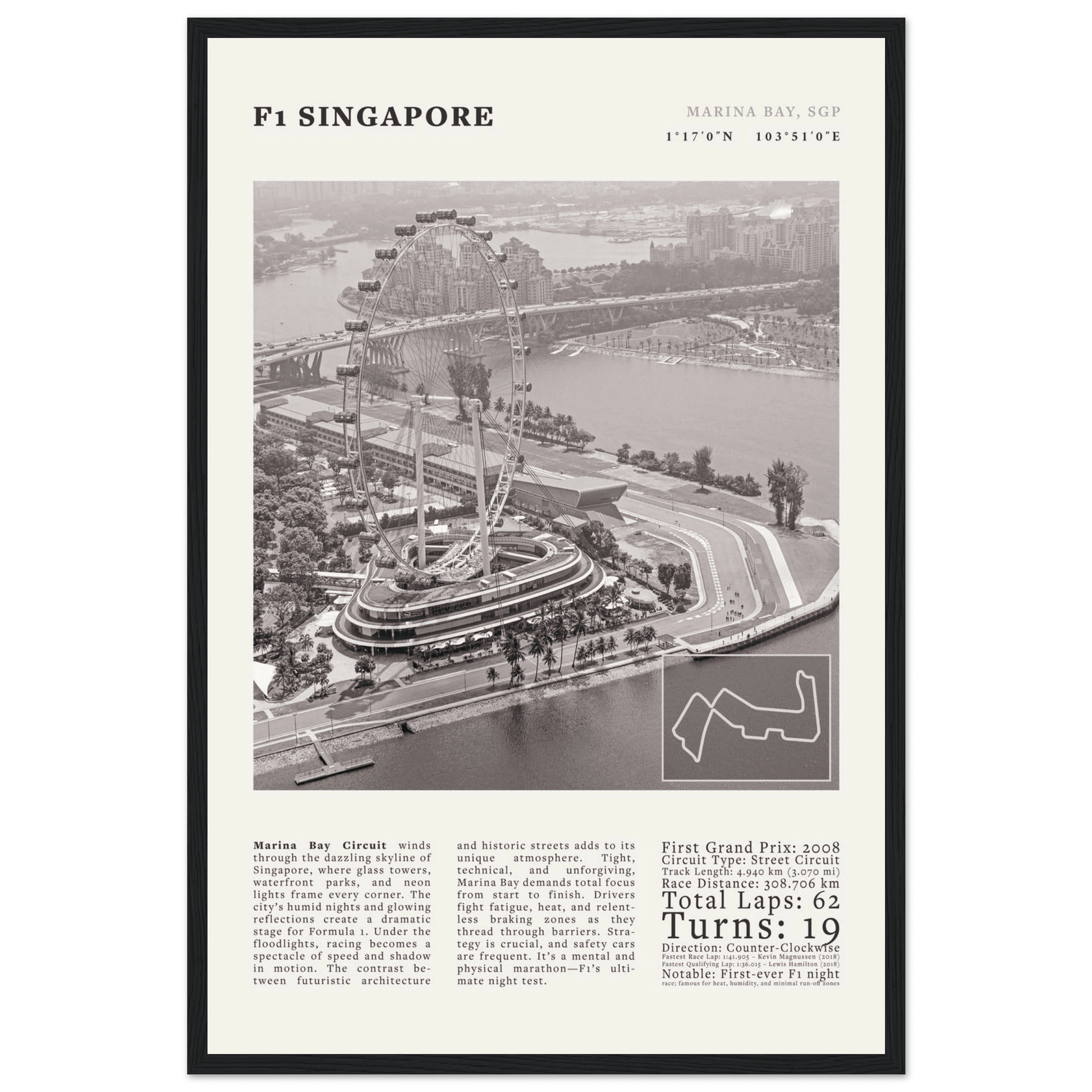 F1 Singapore Poster Black and White – Vintage Marina Bay Night Race Print (Digital & Printed Options) - Evergreen Posters