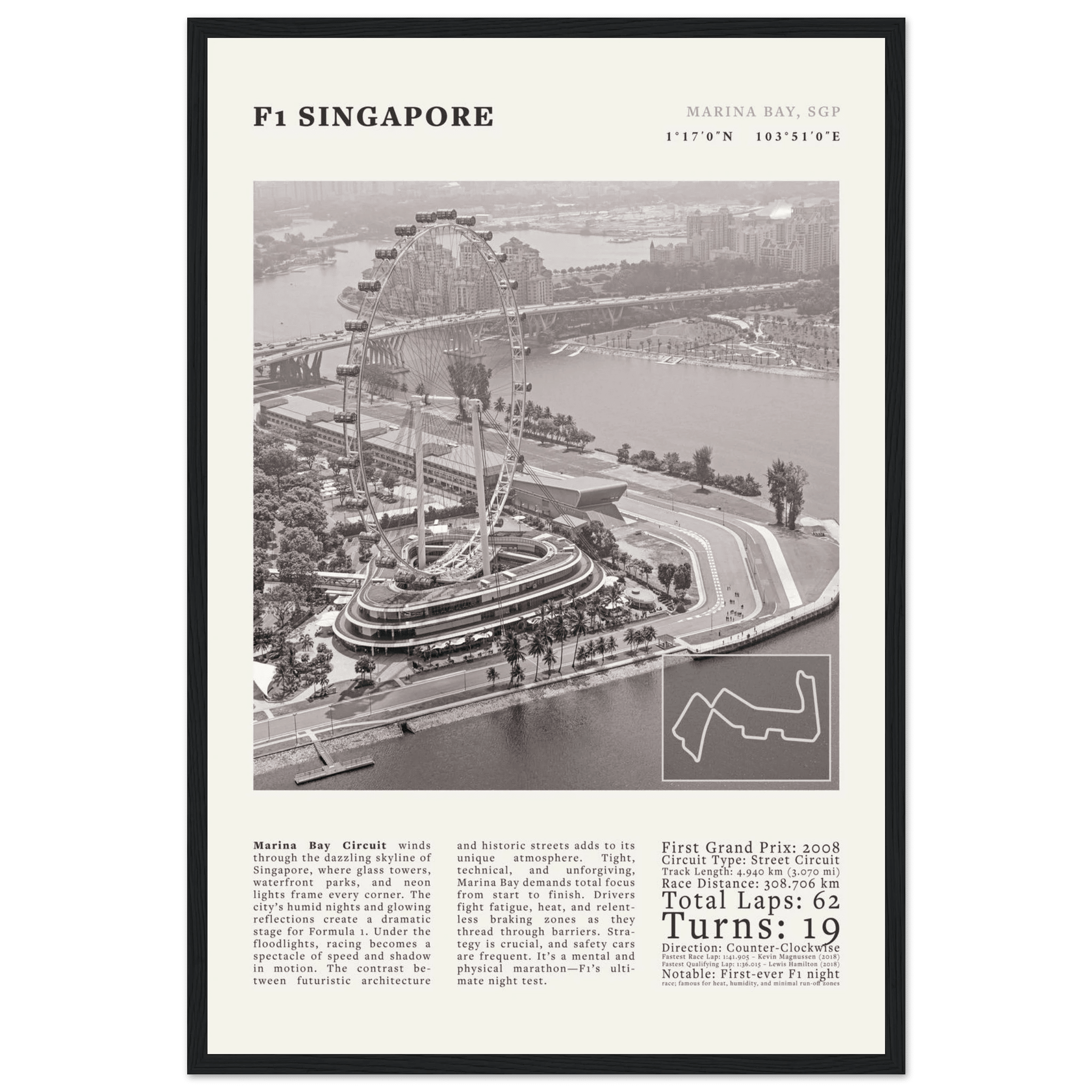 F1 Singapore Poster Black and White – Vintage Marina Bay Night Race Print (Digital & Printed Options) - Evergreen Posters