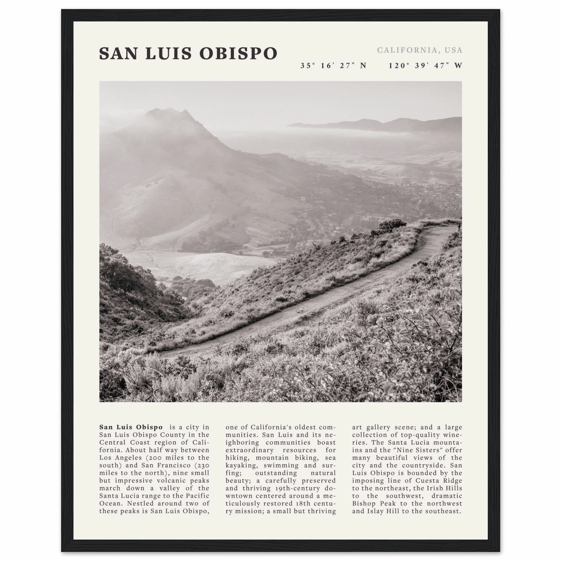 San Luis Obispo Poster | Black & White California Wall Art | SLO Travel Print - Evergreen Posters