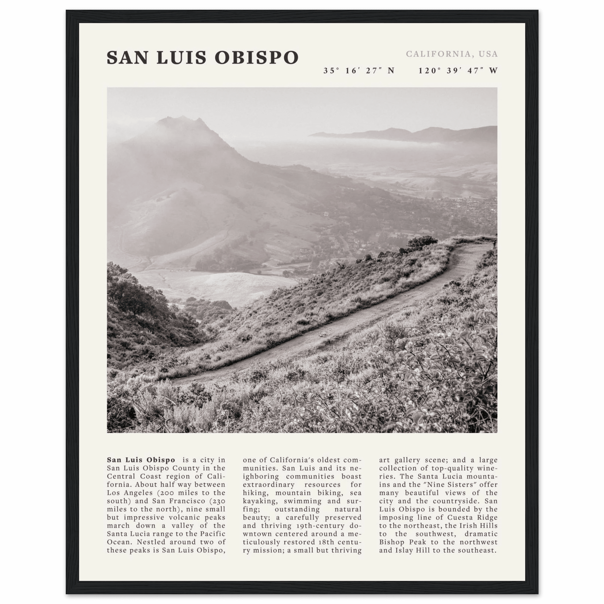 San Luis Obispo Poster | Black & White California Wall Art | SLO Travel Print - Evergreen Posters