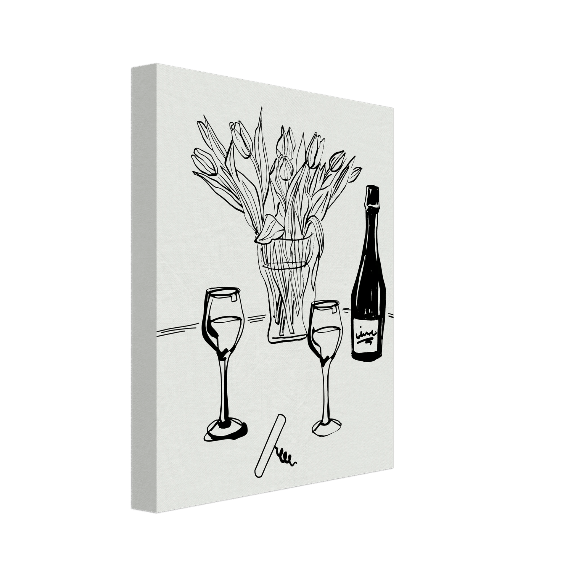 Wine & Tulips Print | Black Line Art Wine Bottle Wall Art | Minimalist Kitchen Poster - Evergreen Posters