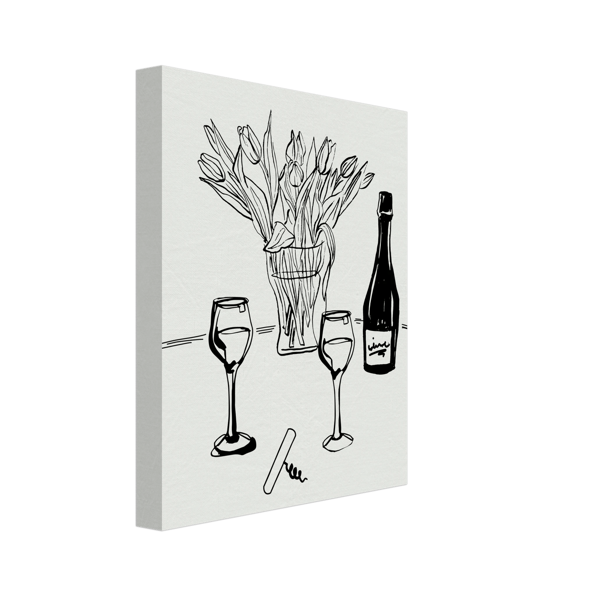 Wine & Tulips Print | Black Line Art Wine Bottle Wall Art | Minimalist Kitchen Poster - Evergreen Posters