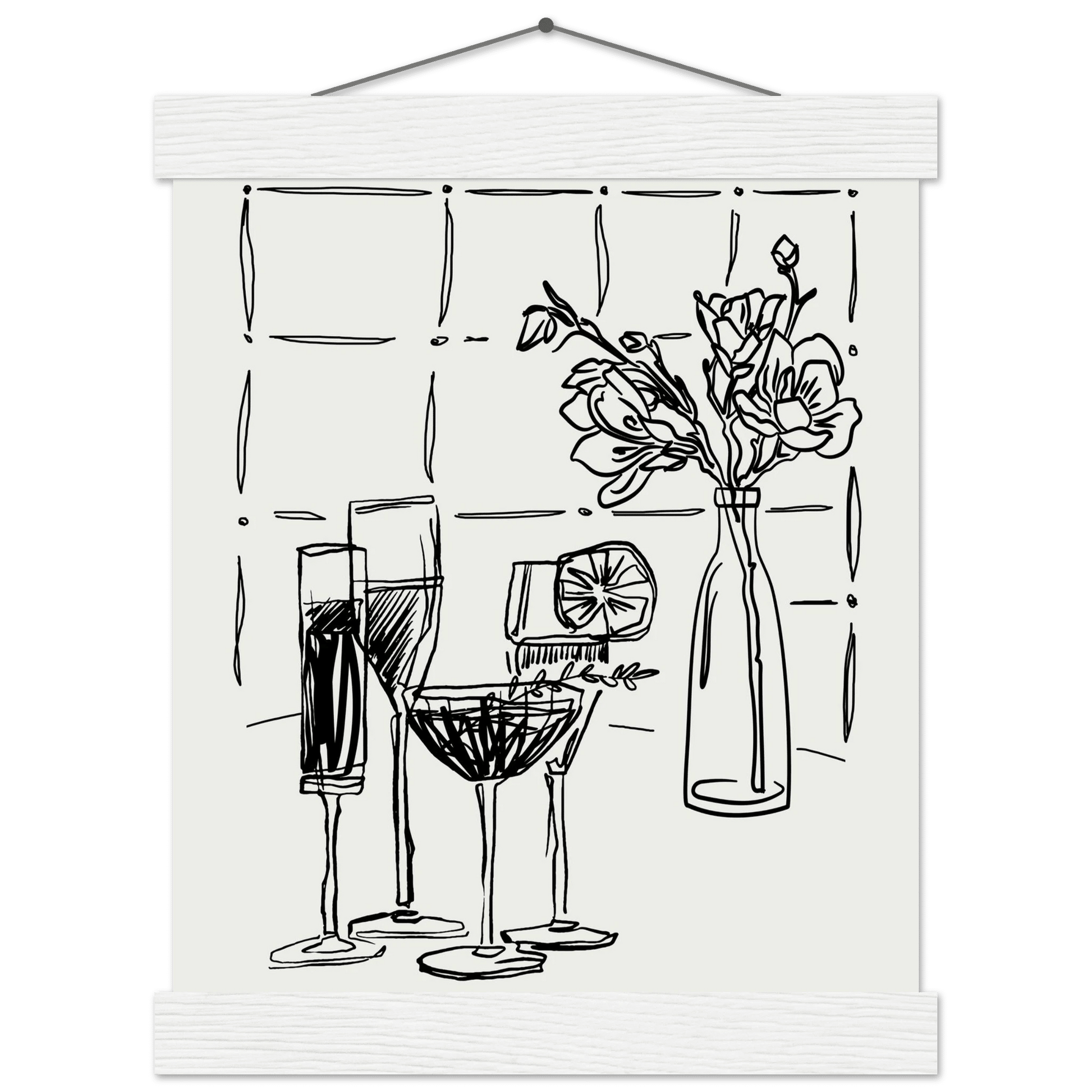 Cocktails & Flowers Print | Black Line Art Drinks Wall Art | Kitchen Bar Poster - Evergreen Posters