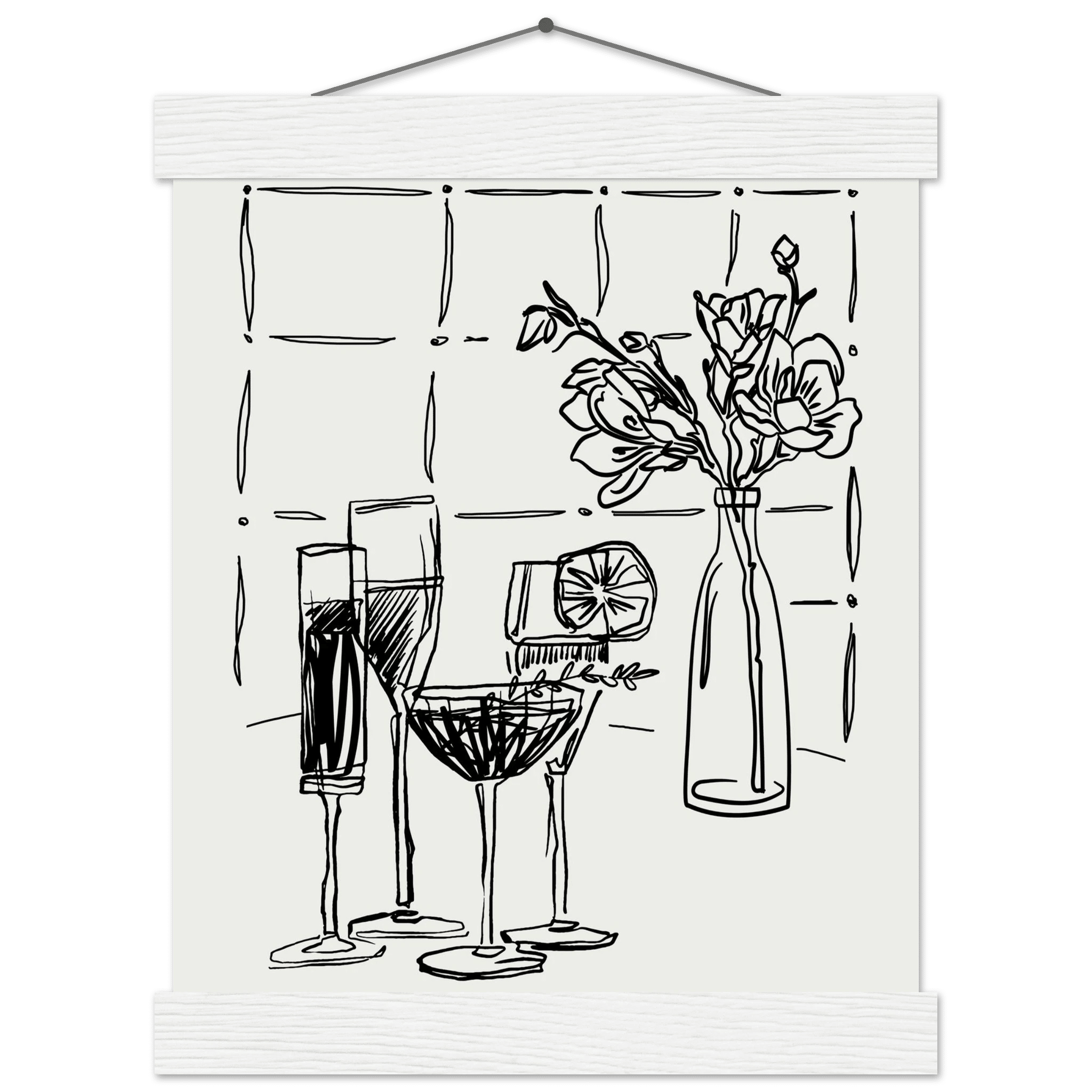 Cocktails & Flowers Print | Black Line Art Drinks Wall Art | Kitchen Bar Poster - Evergreen Posters