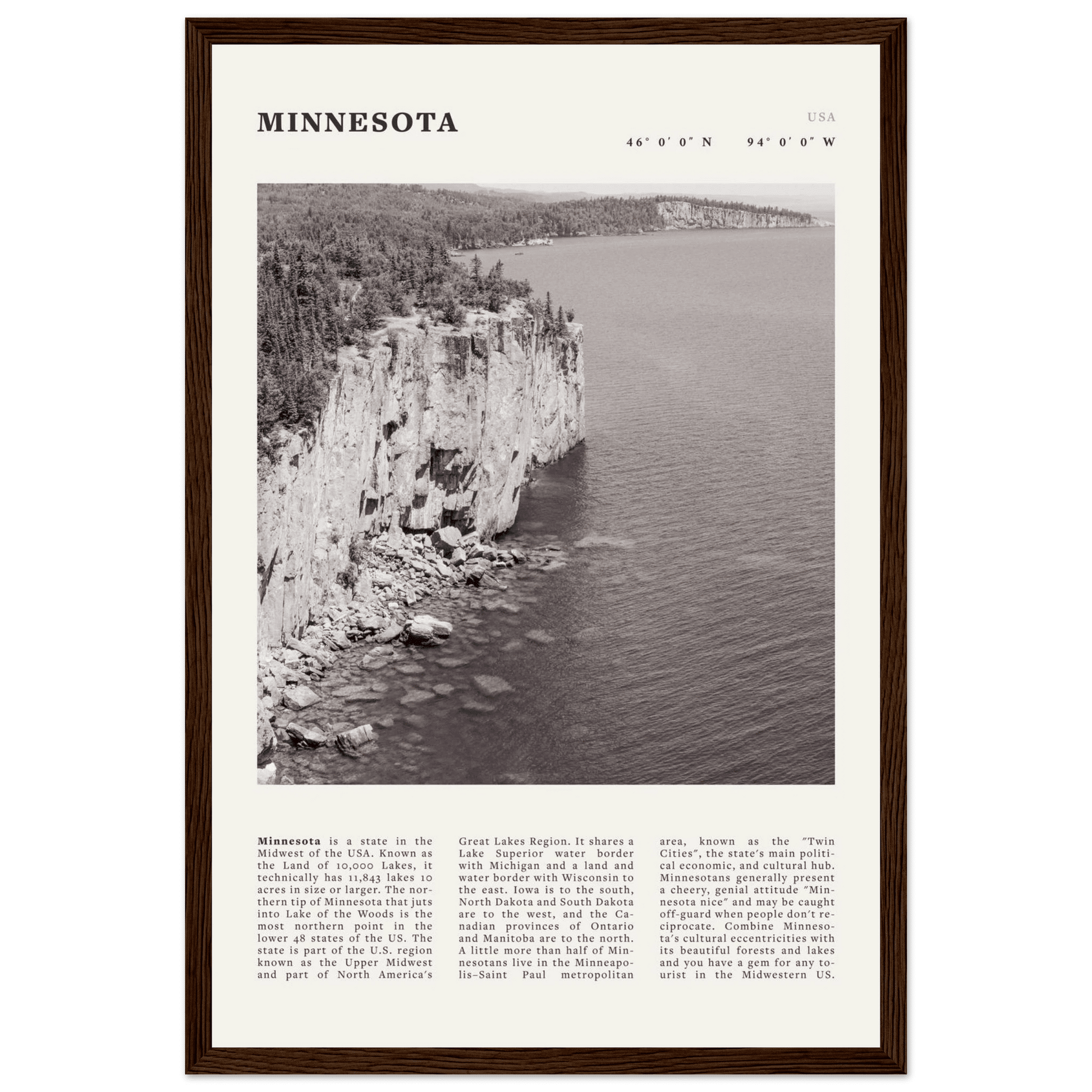 Minnesota Poster | Black & White Lake Superior Wall Art | USA Nature Travel Print - Evergreen Posters