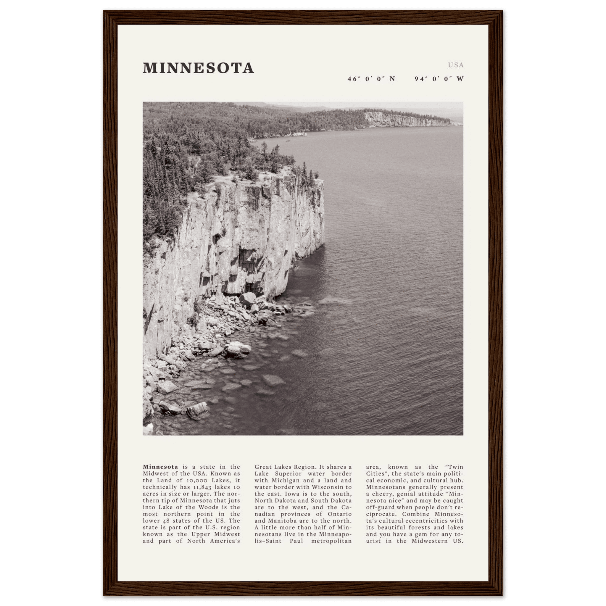 Minnesota Poster | Black & White Lake Superior Wall Art | USA Nature Travel Print - Evergreen Posters