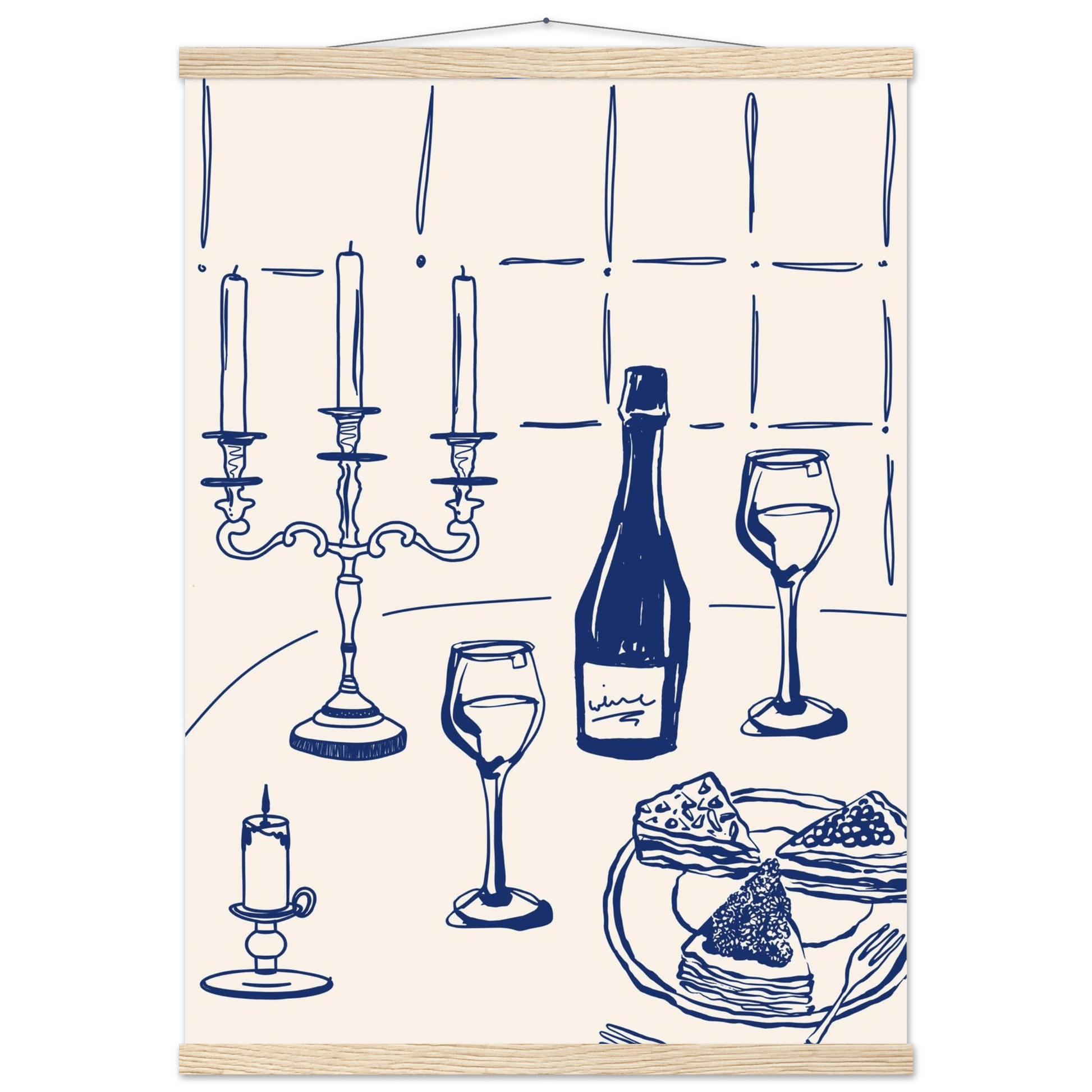 Candlelight Dinner Print | Navy Blue Wine & Candelabra Line Art | Kitchen Poster - Evergreen Posters