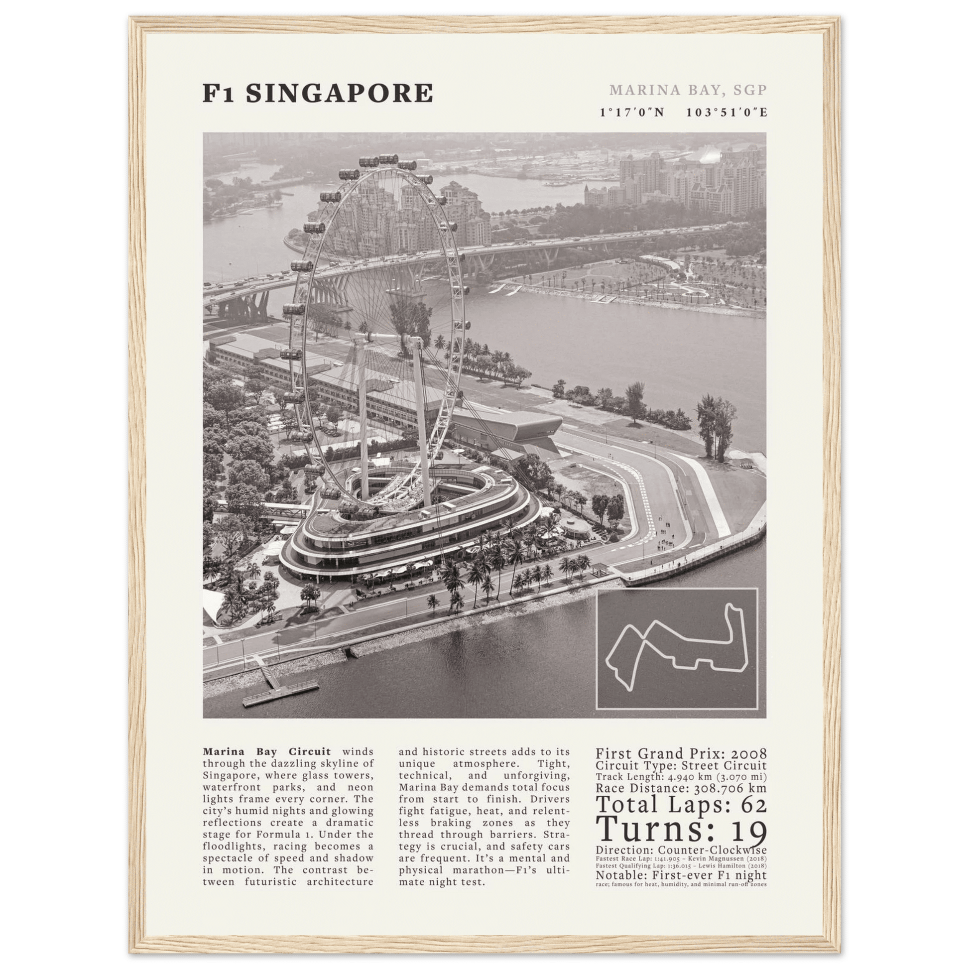 F1 Singapore Poster Black and White – Vintage Marina Bay Night Race Print (Digital & Printed Options) - Evergreen Posters