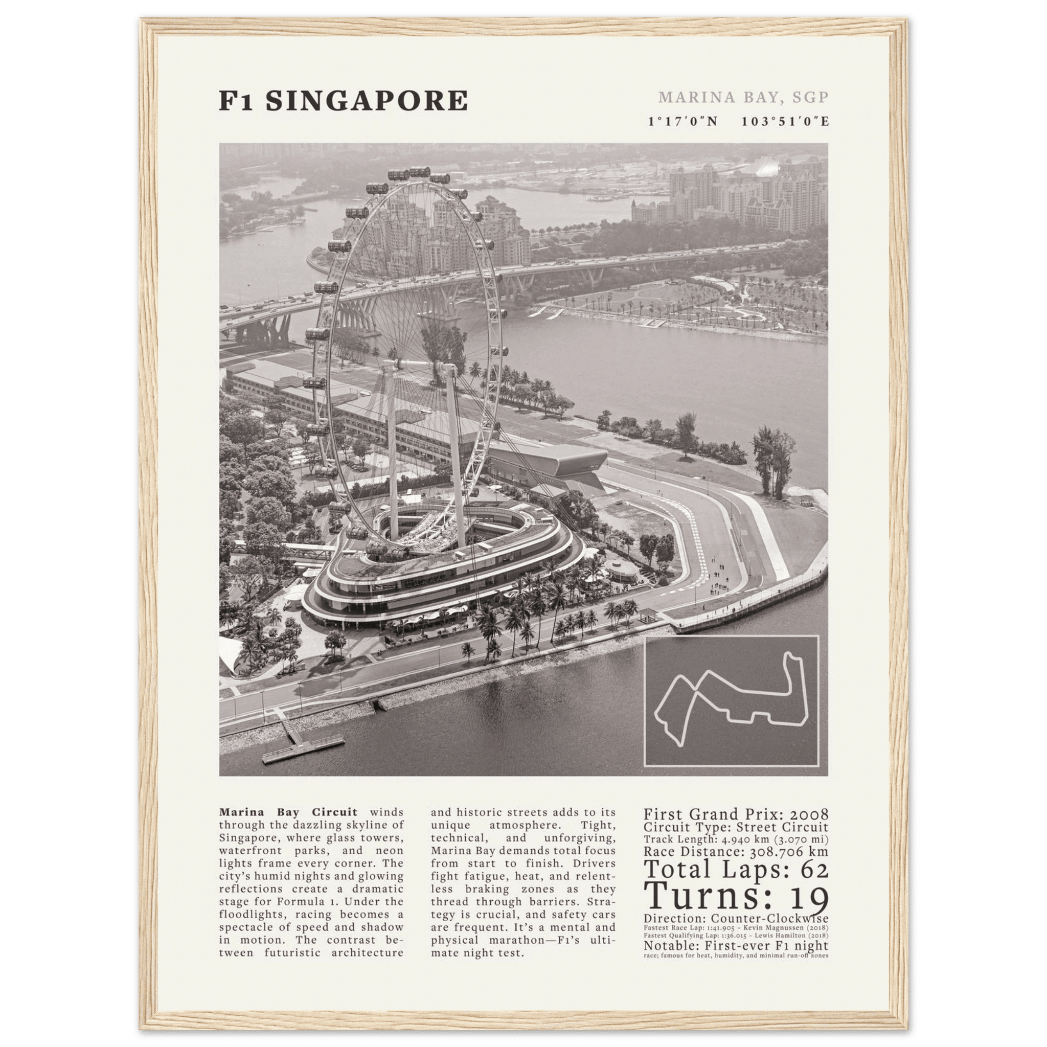 F1 Singapore Poster Black and White – Vintage Marina Bay Night Race Print (Digital & Printed Options) - Evergreen Posters