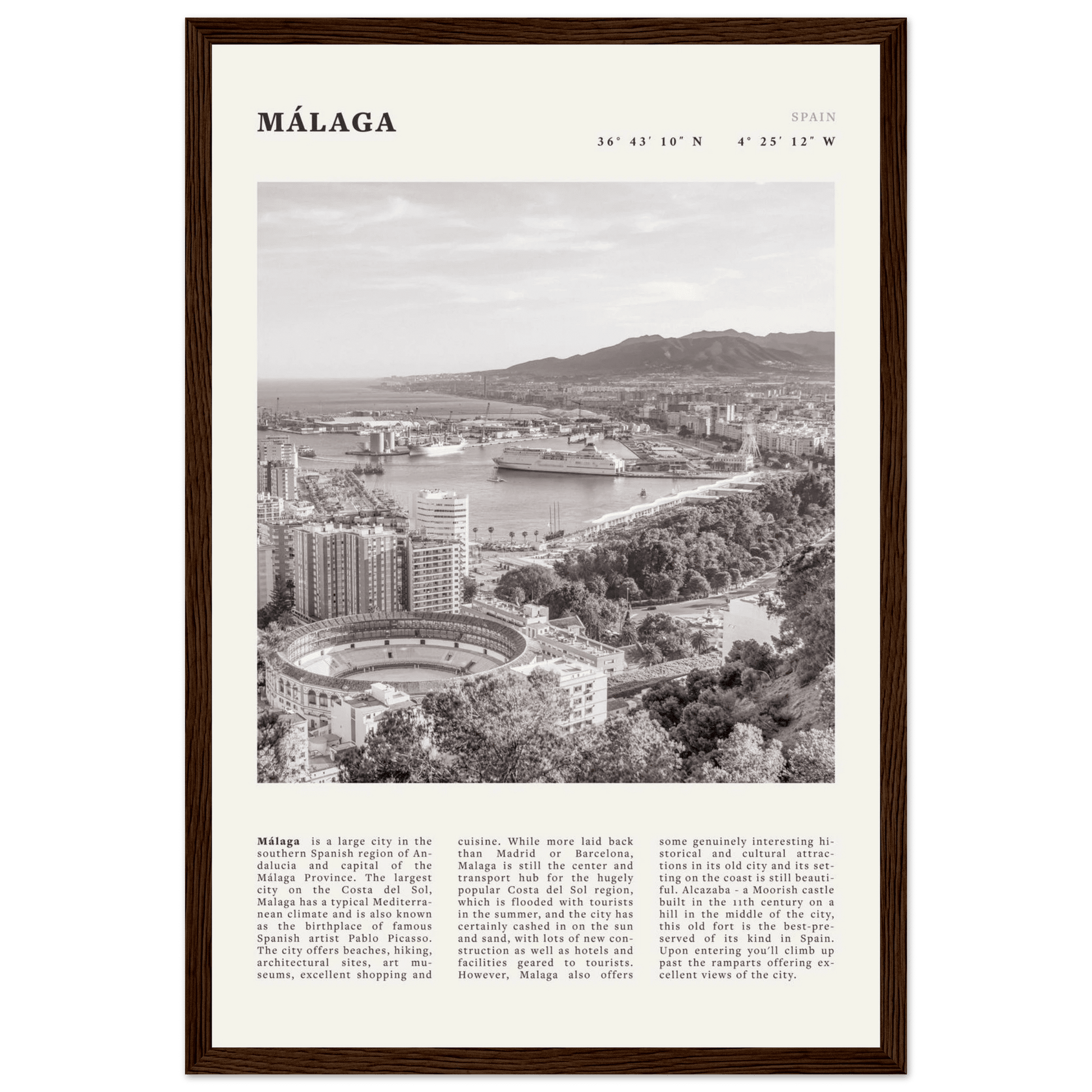 Málaga Poster | Black & White Costa del Sol Wall Art | Spain Travel Print - Evergreen Posters