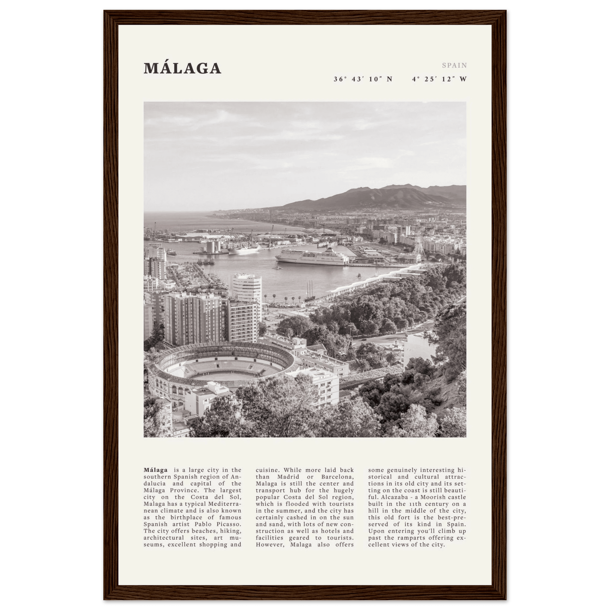 Málaga Poster | Black & White Costa del Sol Wall Art | Spain Travel Print - Evergreen Posters
