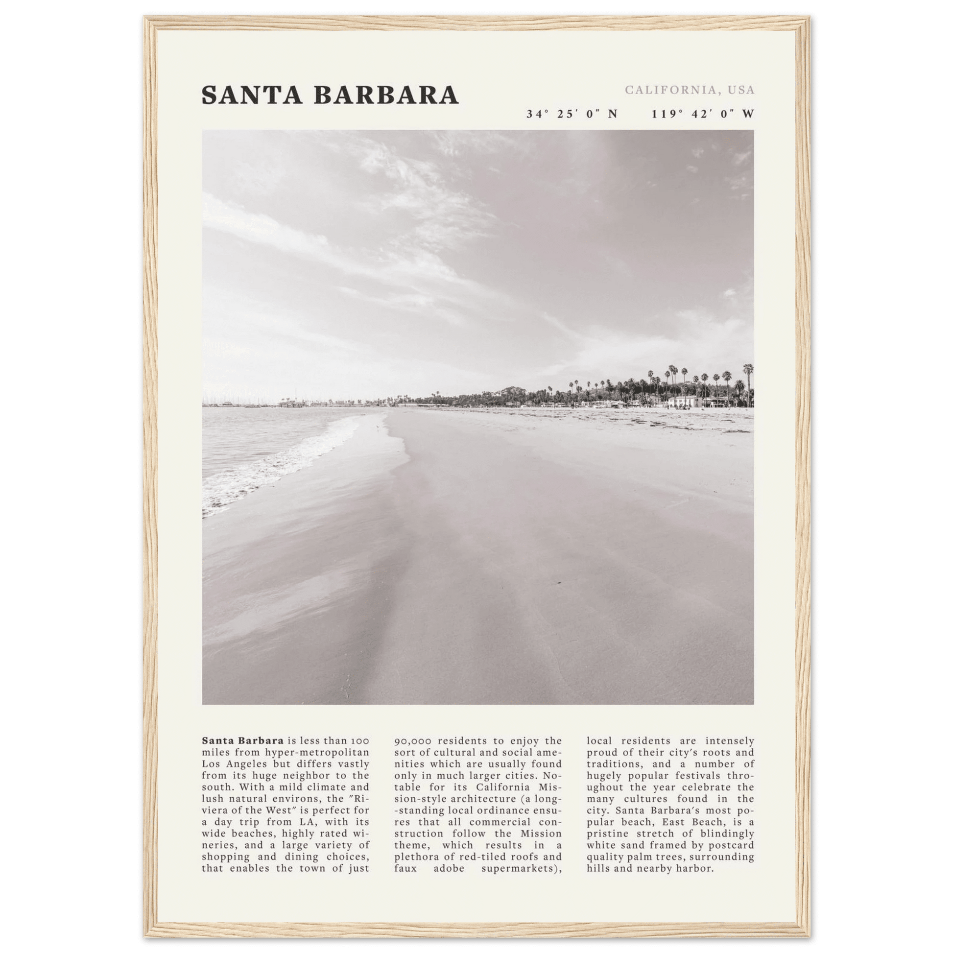 Santa Barbara Poster | Black & White California Beach Wall Art | CA Travel Print - Evergreen Posters