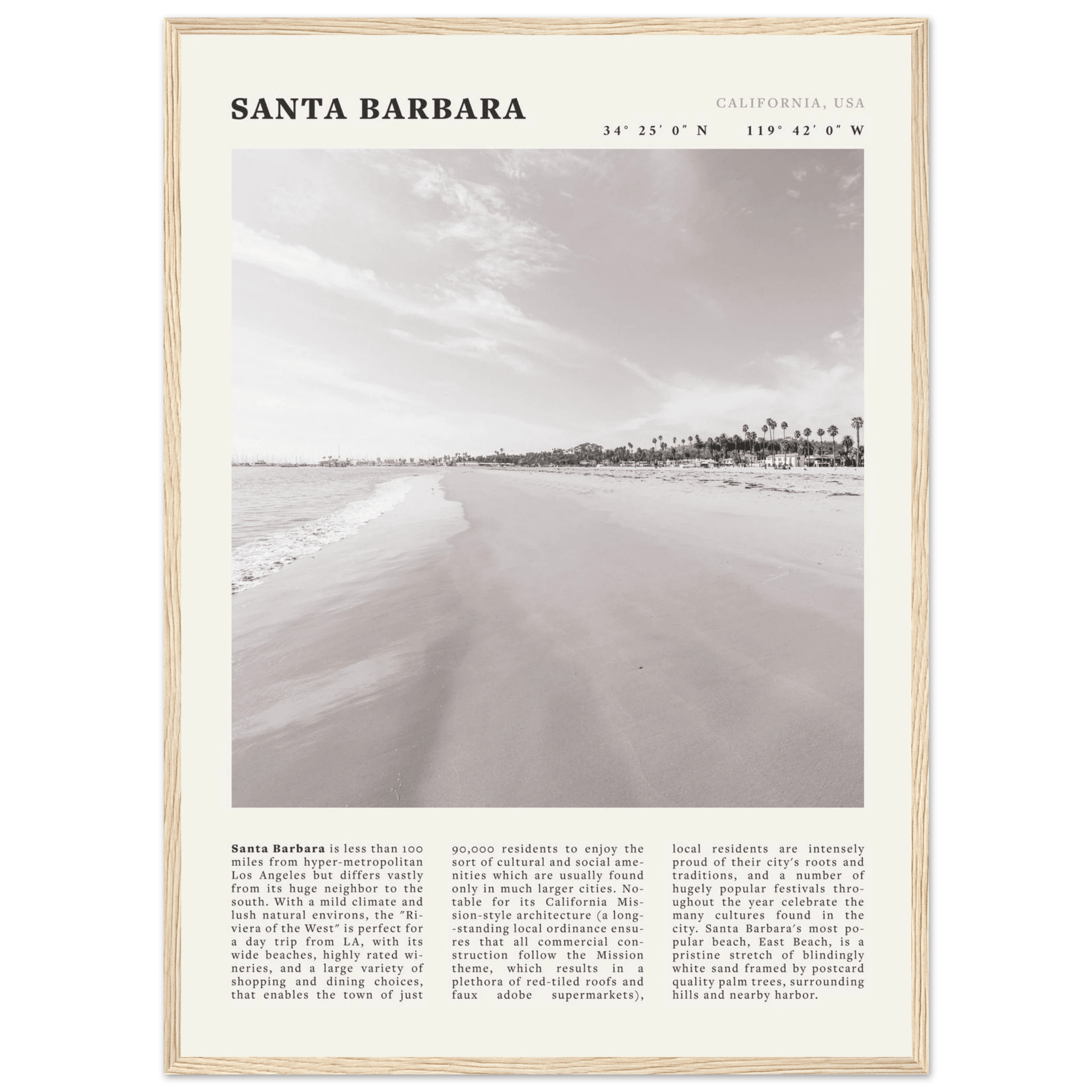 Santa Barbara Poster | Black & White California Beach Wall Art | CA Travel Print - Evergreen Posters