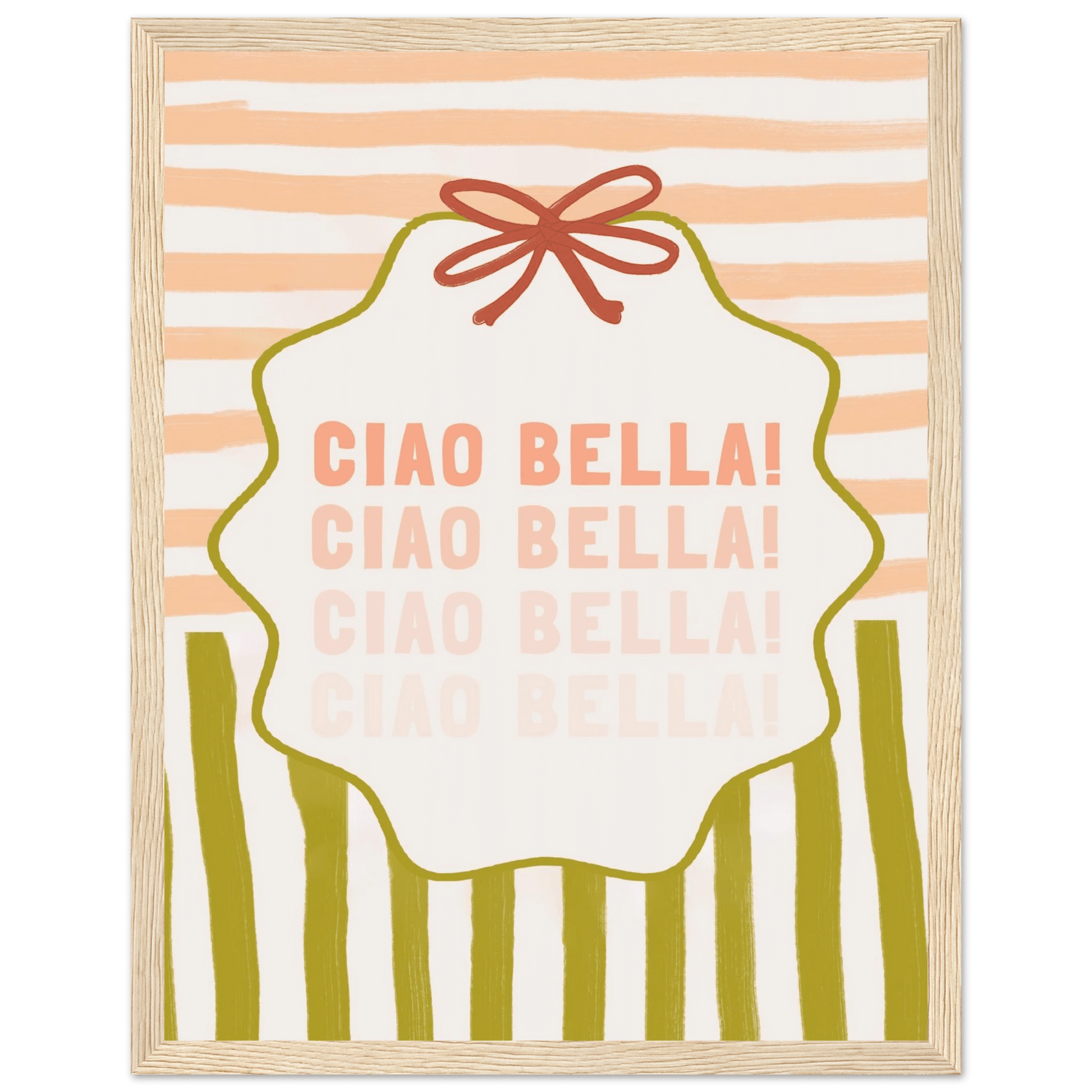 Ciao Bella Poster | Italian Typography Wall Art | Retro Stripe Bow Print | Cute Room Decor - Evergreen Posters