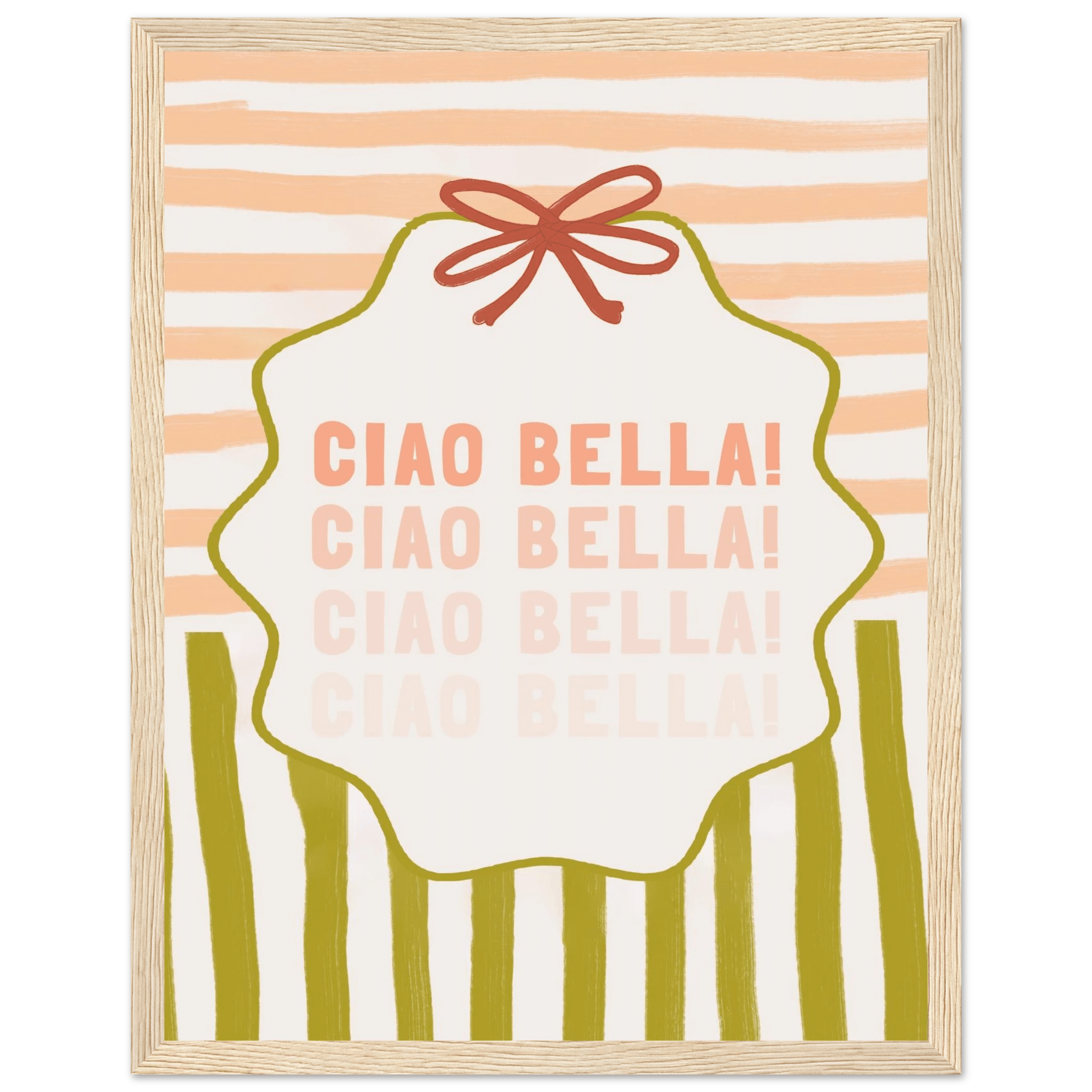 Ciao Bella Poster | Italian Typography Wall Art | Retro Stripe Bow Print | Cute Room Decor - Evergreen Posters