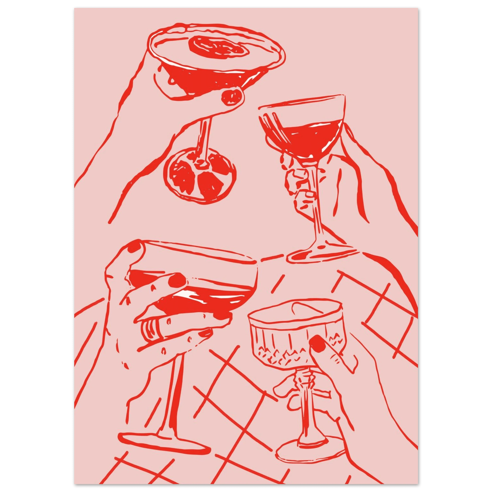 Cheers Print | Red & Pink Cocktail Glasses Wall Art | Kitchen Bar Poster - Evergreen Posters