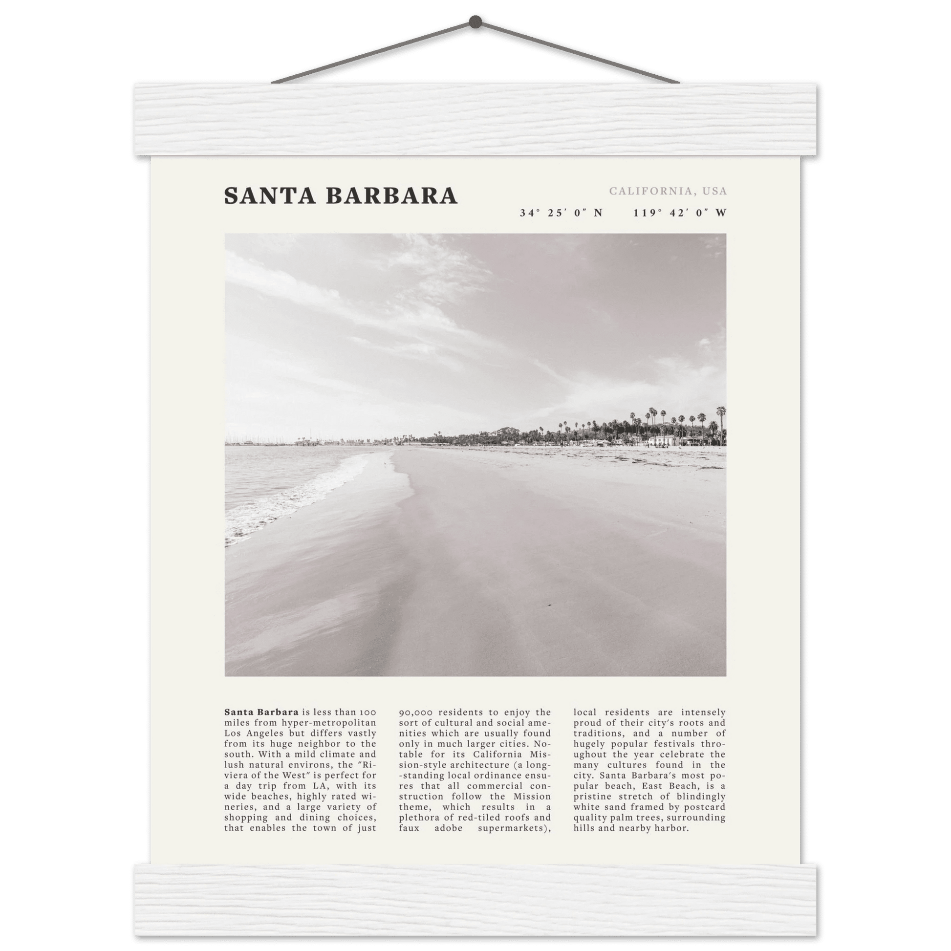 Santa Barbara Poster | Black & White California Beach Wall Art | CA Travel Print - Evergreen Posters