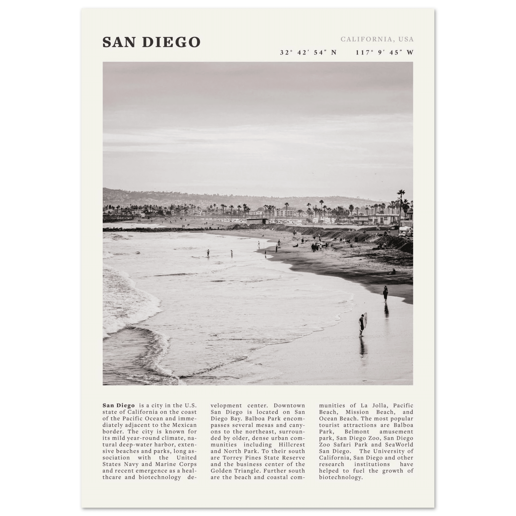 San Diego Poster | Black & White California Beach Wall Art | Coastal Travel Print Decor - Evergreen Posters