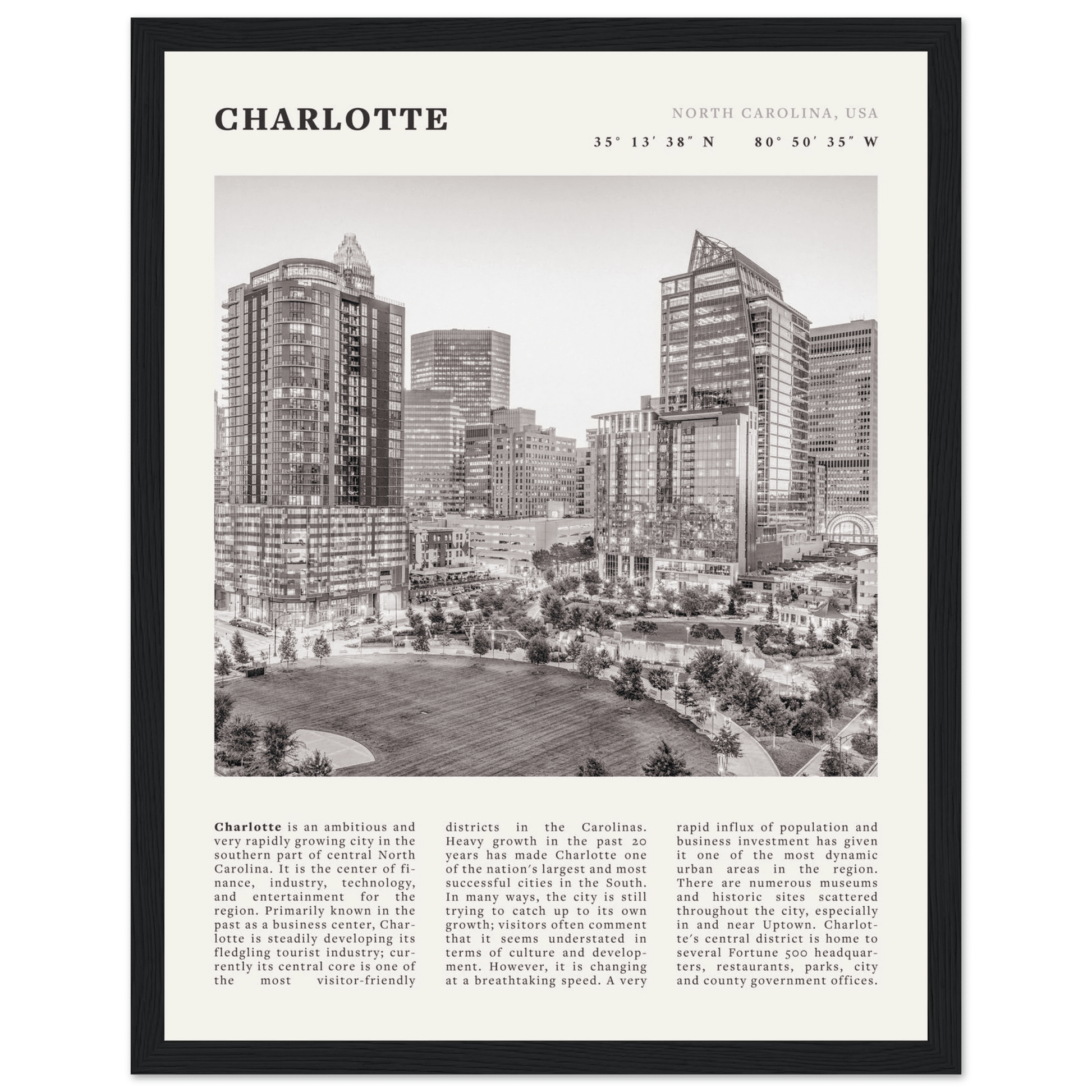 Charlotte Poster | Black & White North Carolina Skyline Wall Art | NC Travel Print - Evergreen Posters