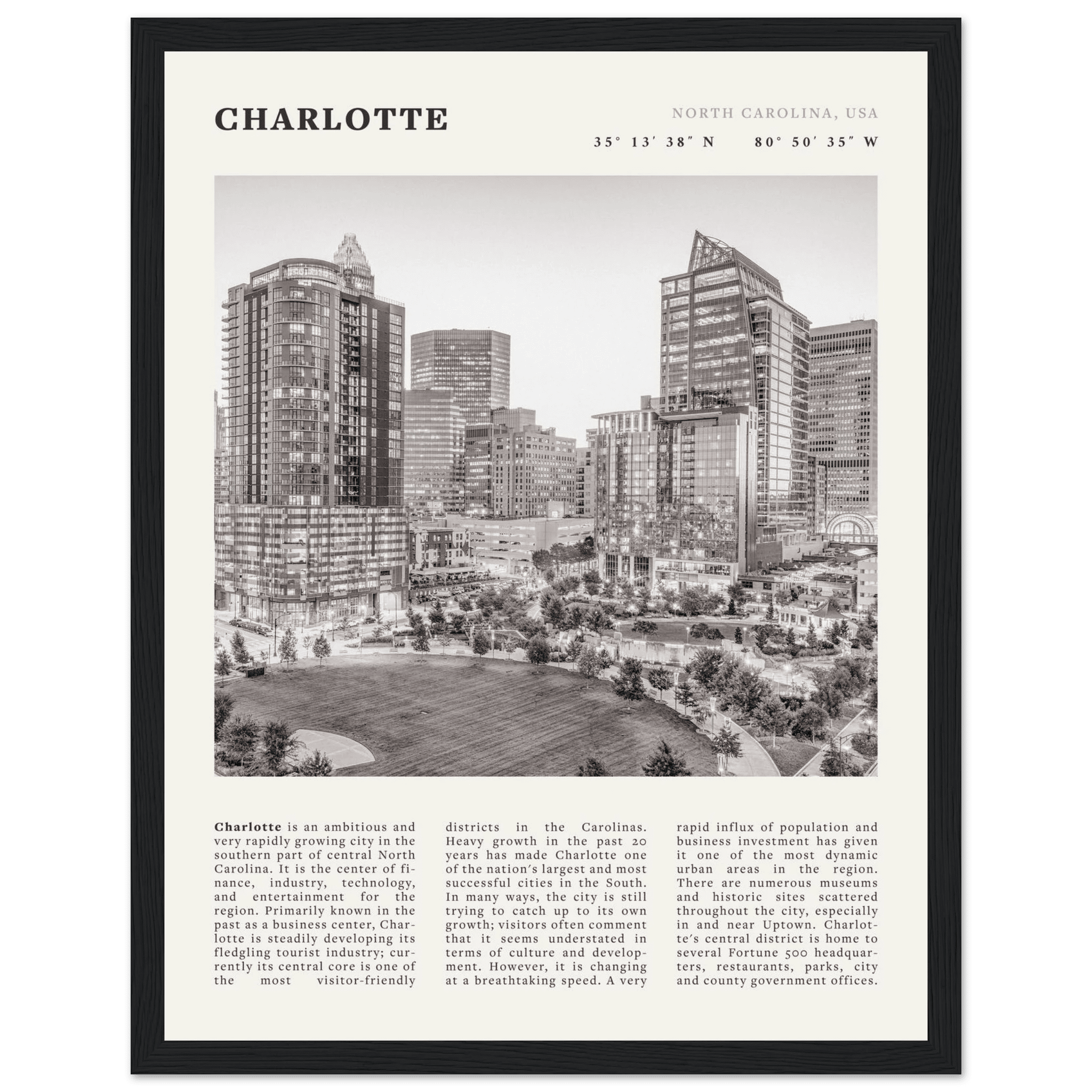 Charlotte Poster | Black & White North Carolina Skyline Wall Art | NC Travel Print - Evergreen Posters
