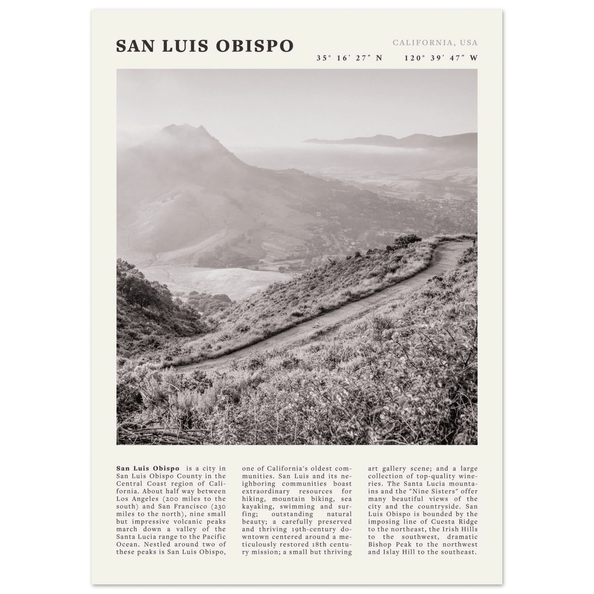 San Luis Obispo Poster | Black & White California Wall Art | SLO Travel Print - Evergreen Posters