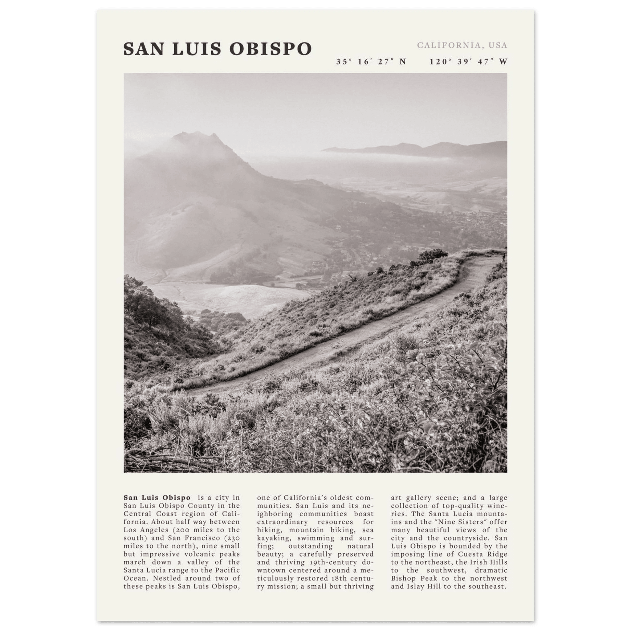 San Luis Obispo Poster | Black & White California Wall Art | SLO Travel Print - Evergreen Posters