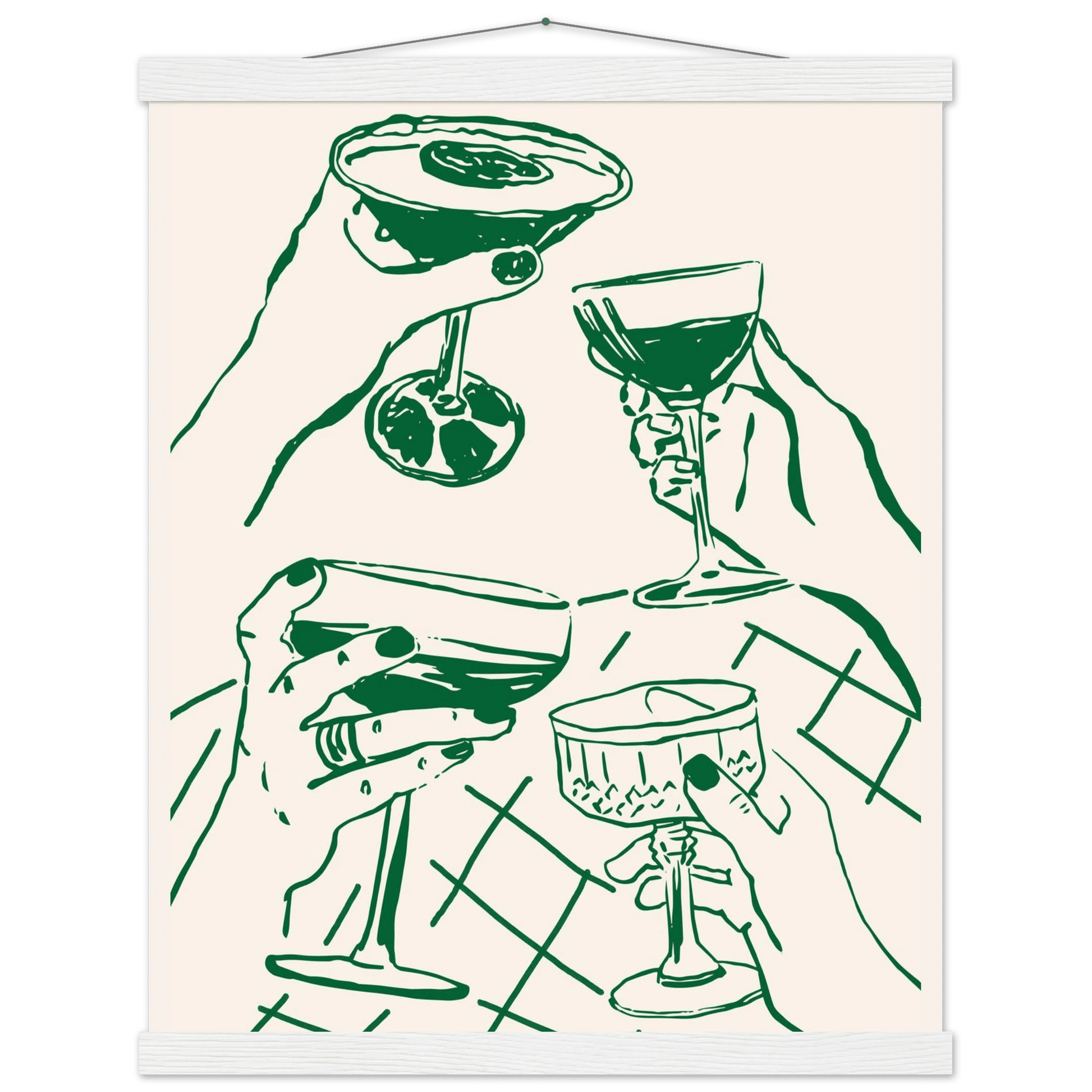 Cheers Print | Forest Green Cocktail Glasses Wall Art | Kitchen Bar Poster - Evergreen Posters
