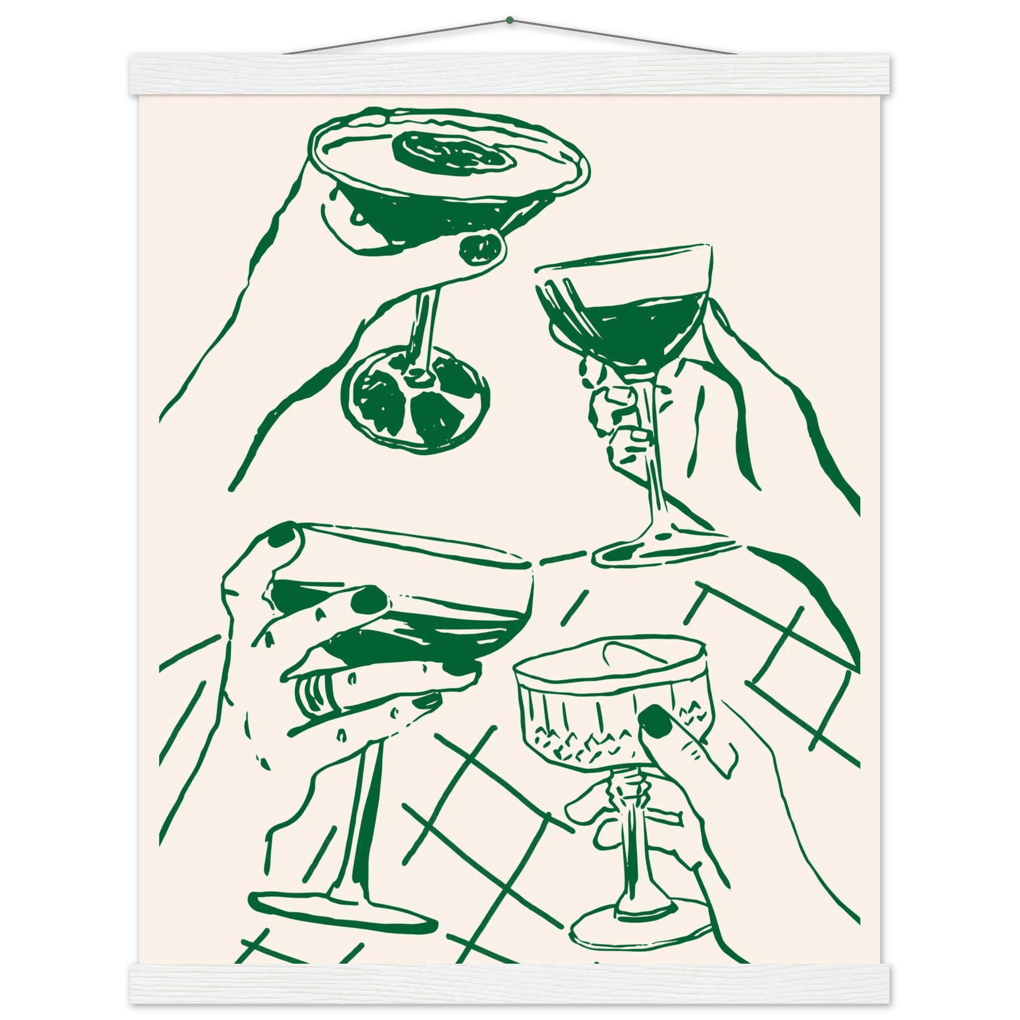 Cheers Print | Forest Green Cocktail Glasses Wall Art | Kitchen Bar Poster - Evergreen Posters
