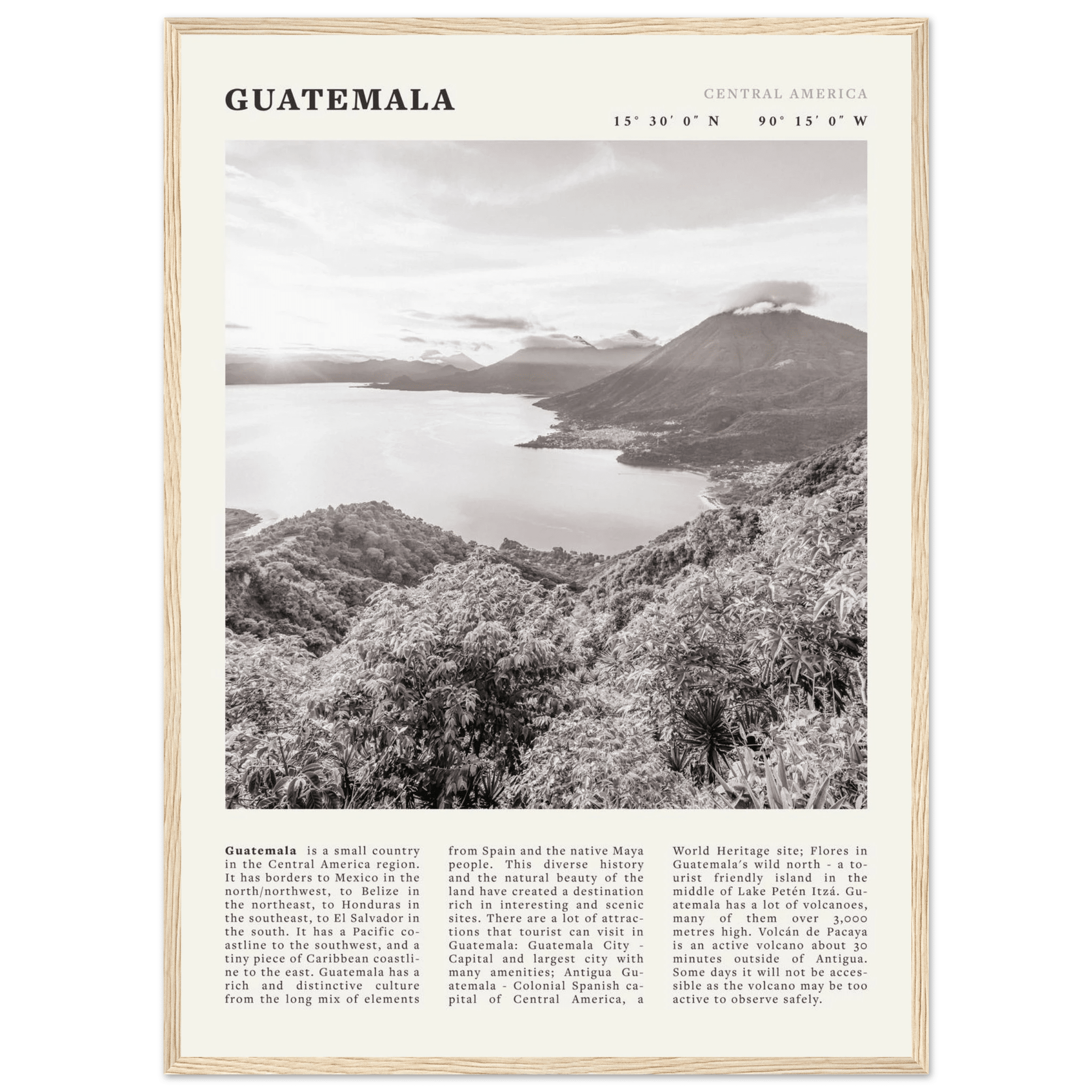 Guatemala Poster | Black & White Lake Atitlan Wall Art | Central America Travel Print - Evergreen Posters