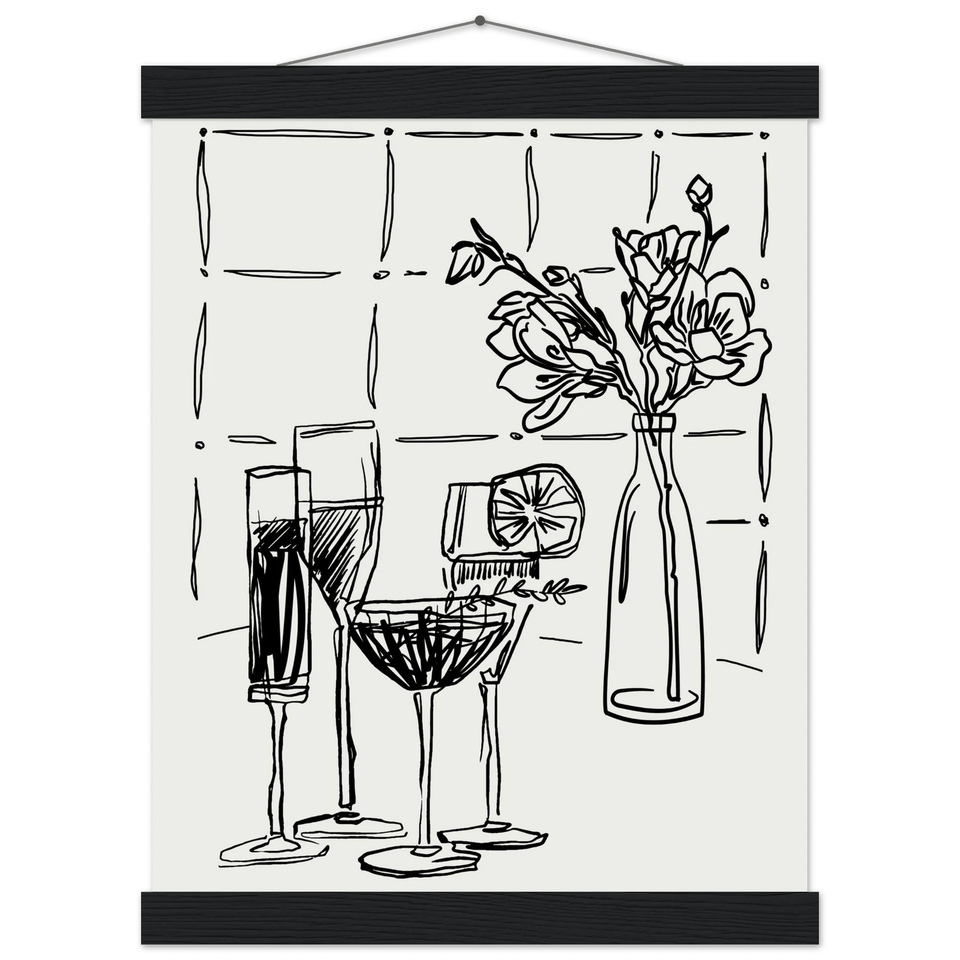 Cocktails & Flowers Print | Black Line Art Drinks Wall Art | Kitchen Bar Poster - Evergreen Posters