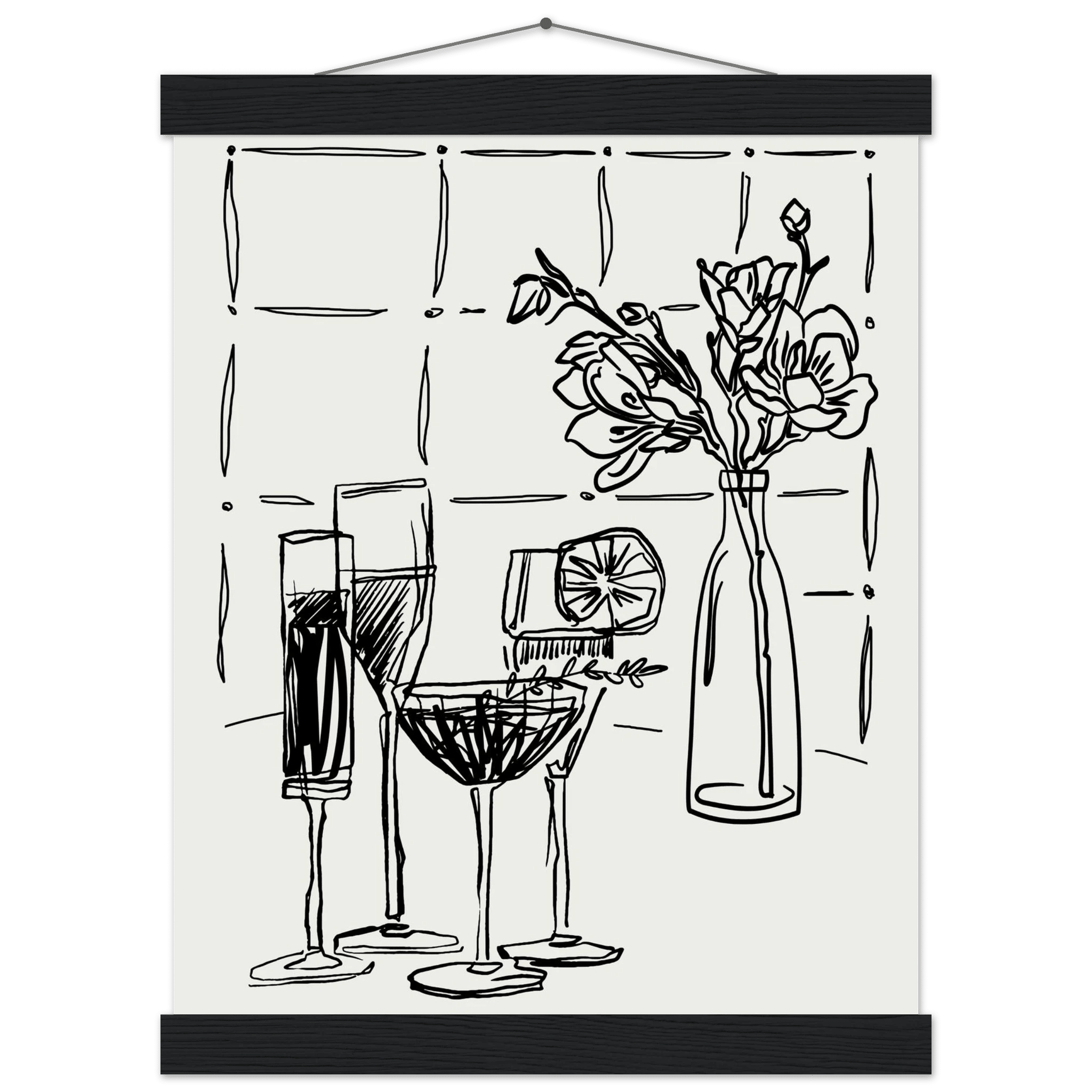 Cocktails & Flowers Print | Black Line Art Drinks Wall Art | Kitchen Bar Poster - Evergreen Posters