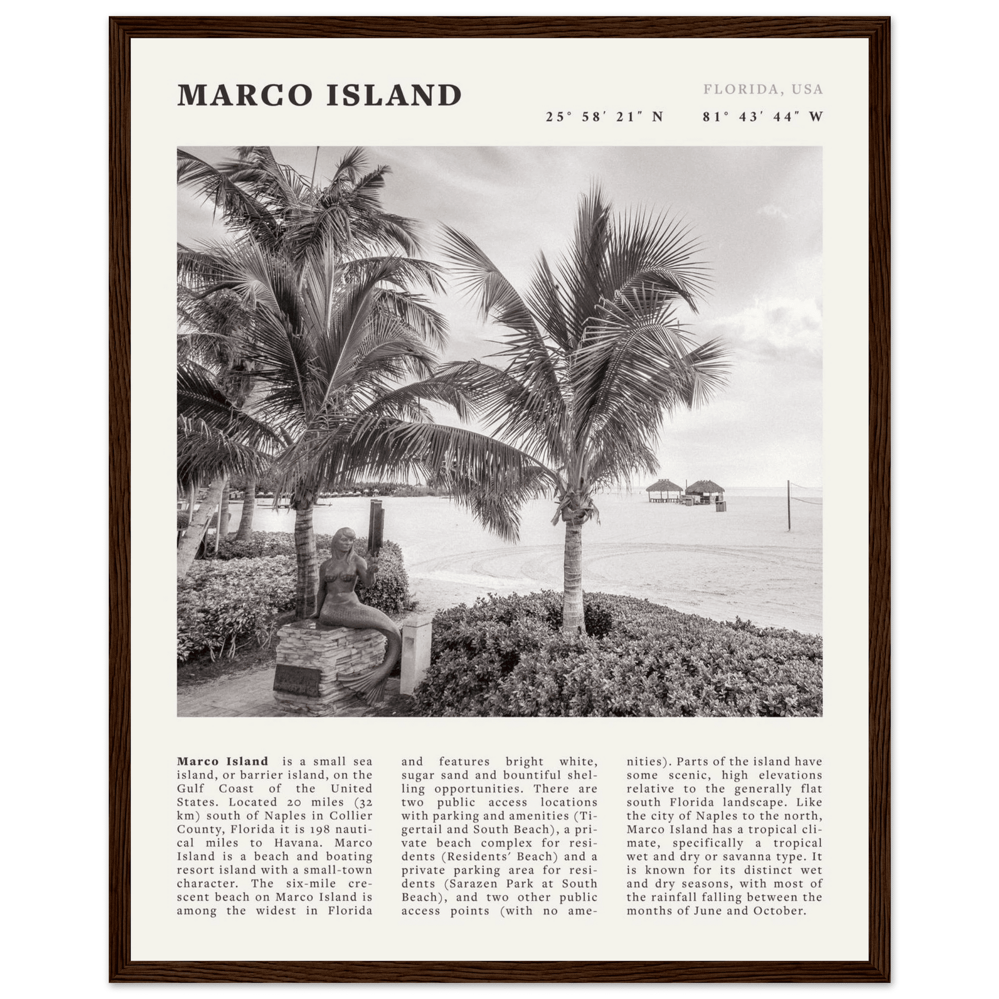 Marco Island Poster | Black & White Florida Beach Wall Art | Coastal Travel Print - Evergreen Posters