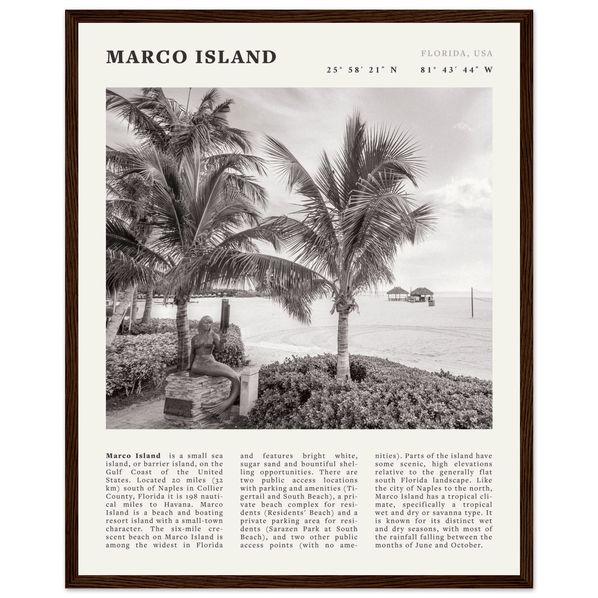 Marco Island Poster | Black & White Florida Beach Wall Art | Coastal Travel Print - Evergreen Posters