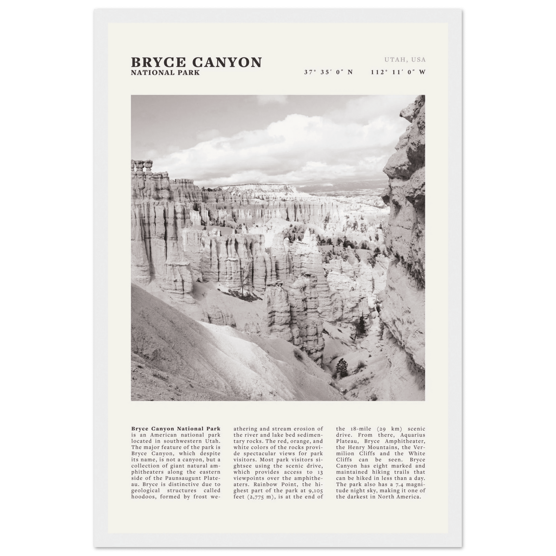 Bryce Canyon National Park Poster | Black & White Utah Hoodoos Wall Art Print - Evergreen Posters - 22