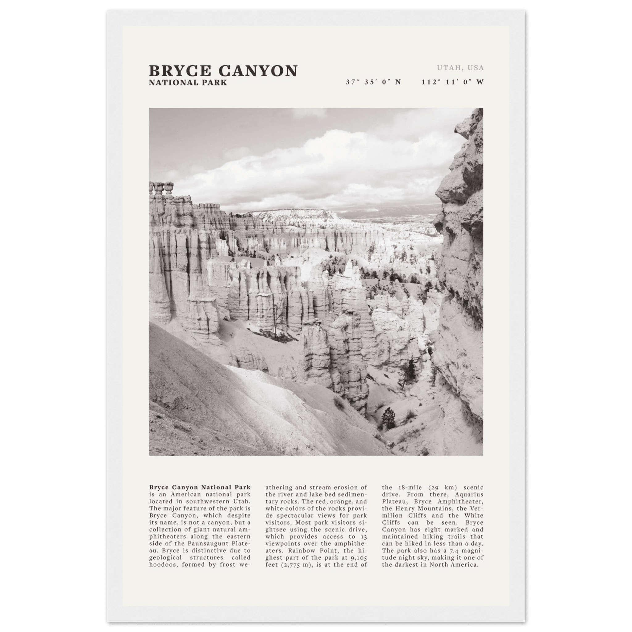 Bryce Canyon National Park Poster | Black & White Utah Hoodoos Wall Art Print - Evergreen Posters - 22