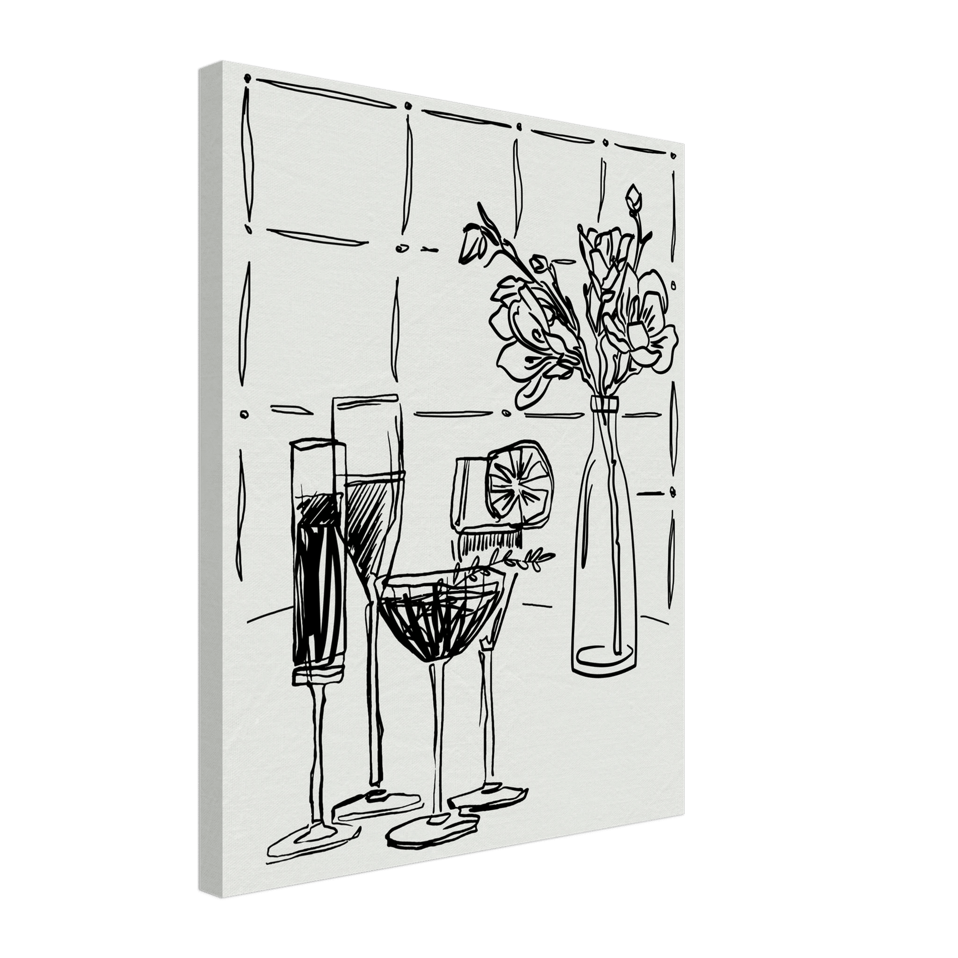 Cocktails & Flowers Print | Black Line Art Drinks Wall Art | Kitchen Bar Poster - Evergreen Posters