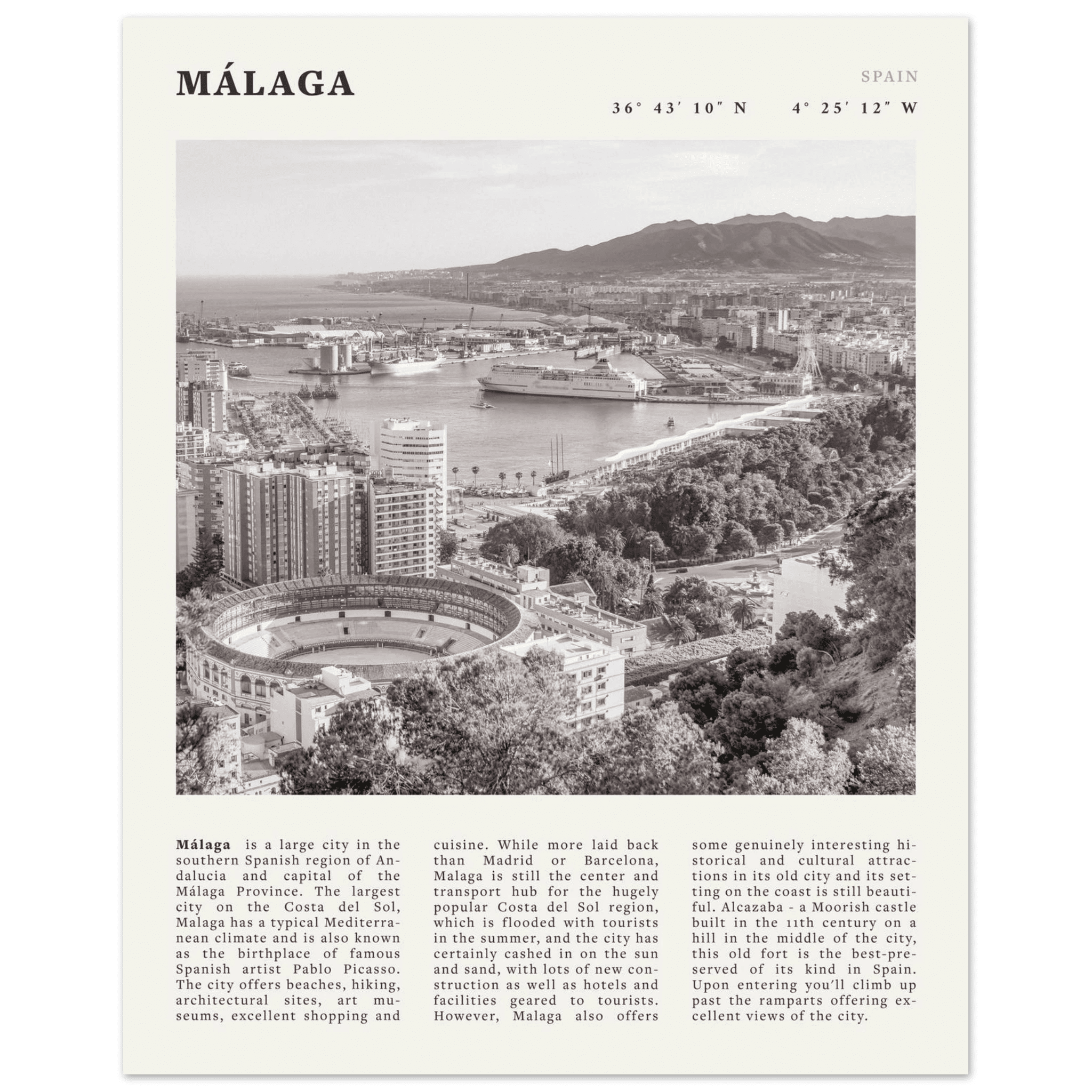 Málaga Poster | Black & White Costa del Sol Wall Art | Spain Travel Print - Evergreen Posters