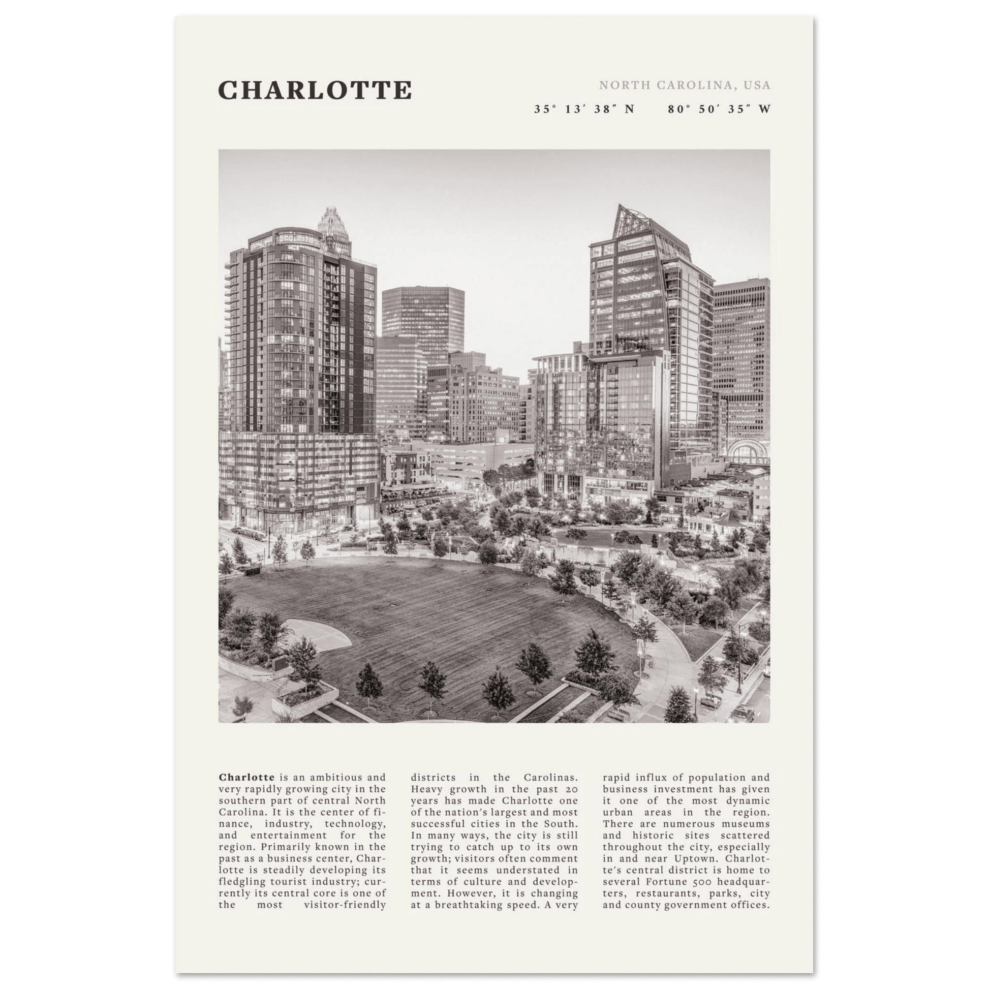 Charlotte Poster | Black & White North Carolina Skyline Wall Art | NC Travel Print - Evergreen Posters