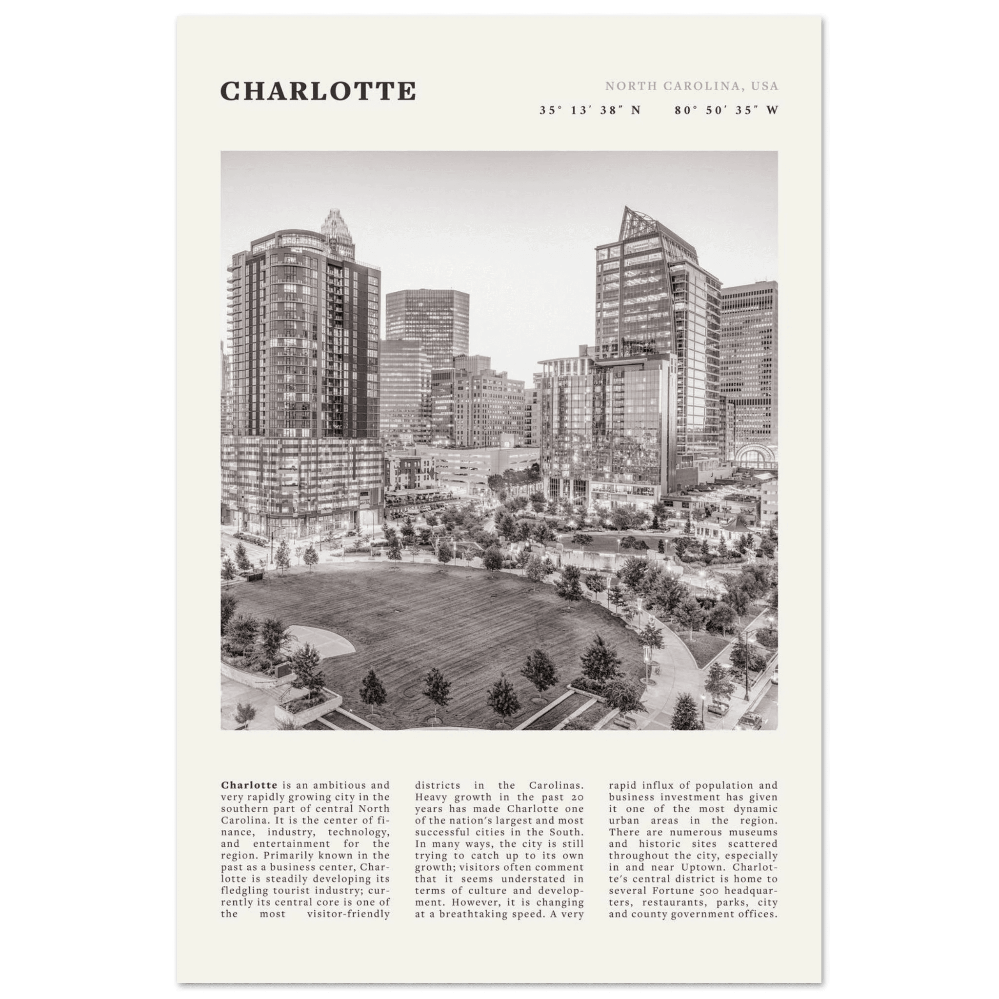 Charlotte Poster | Black & White North Carolina Skyline Wall Art | NC Travel Print - Evergreen Posters