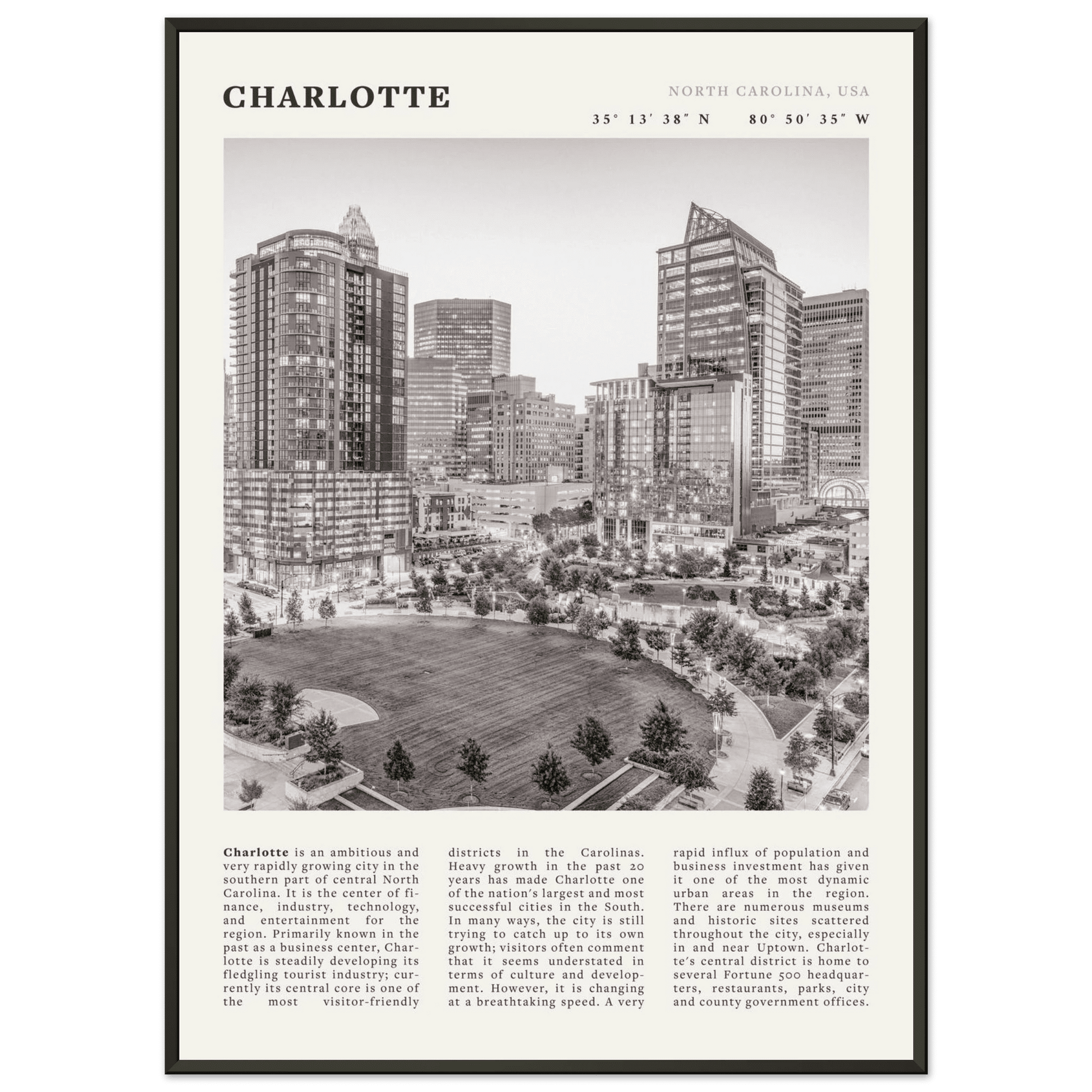 Charlotte Poster | Black & White North Carolina Skyline Wall Art | NC Travel Print - Evergreen Posters