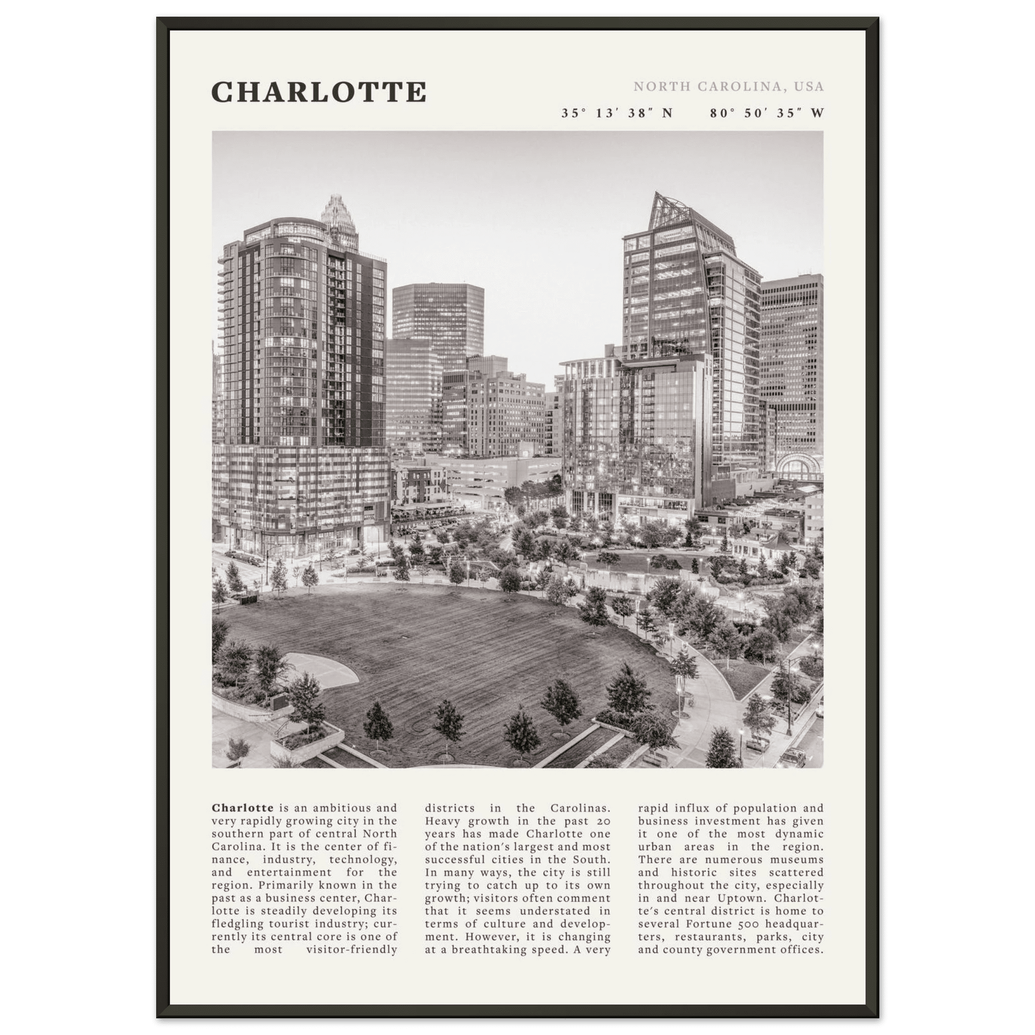 Charlotte Poster | Black & White North Carolina Skyline Wall Art | NC Travel Print - Evergreen Posters
