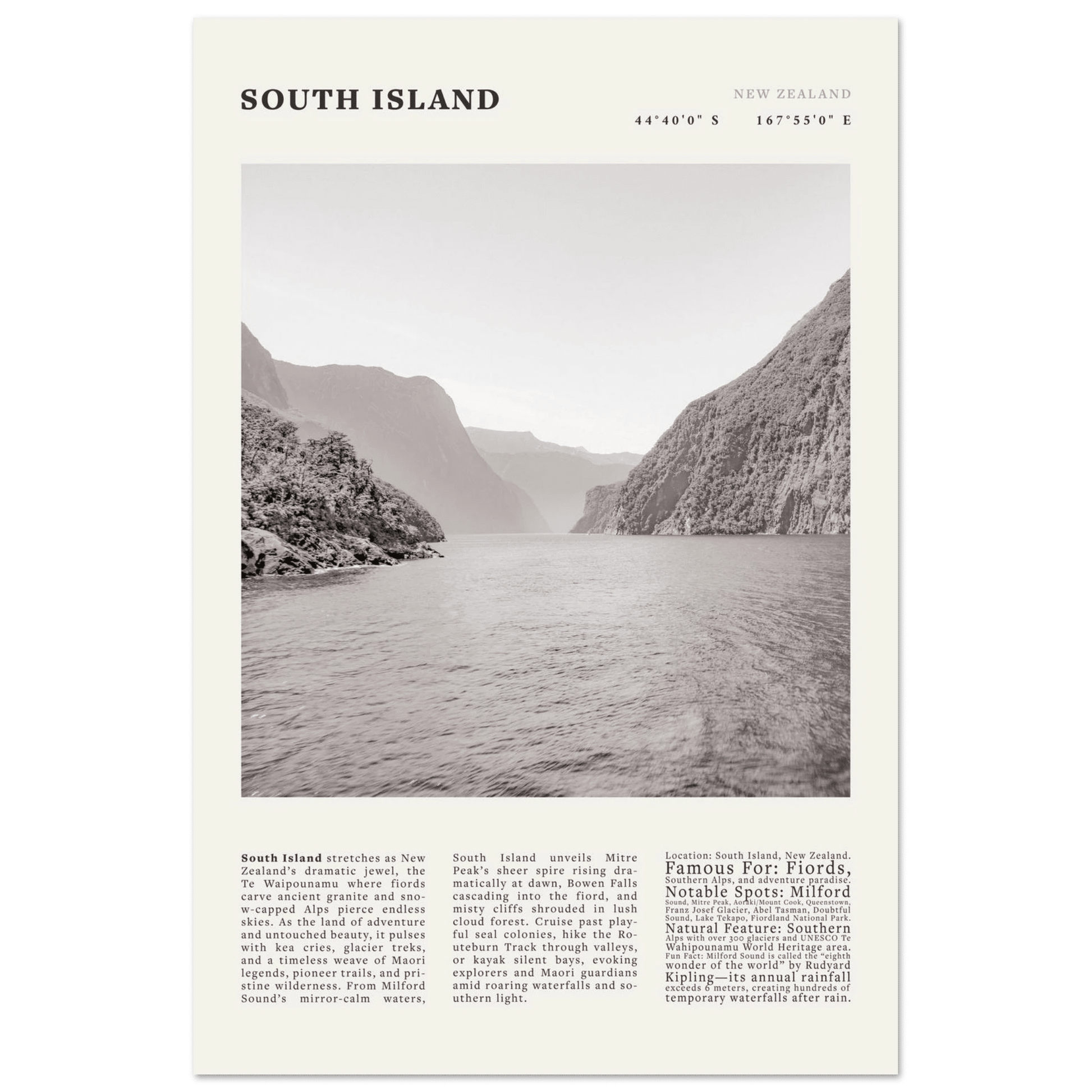 South Island New Zealand Poster Black and White – Vintage Milford Sound Fjord Print - Evergreen Posters