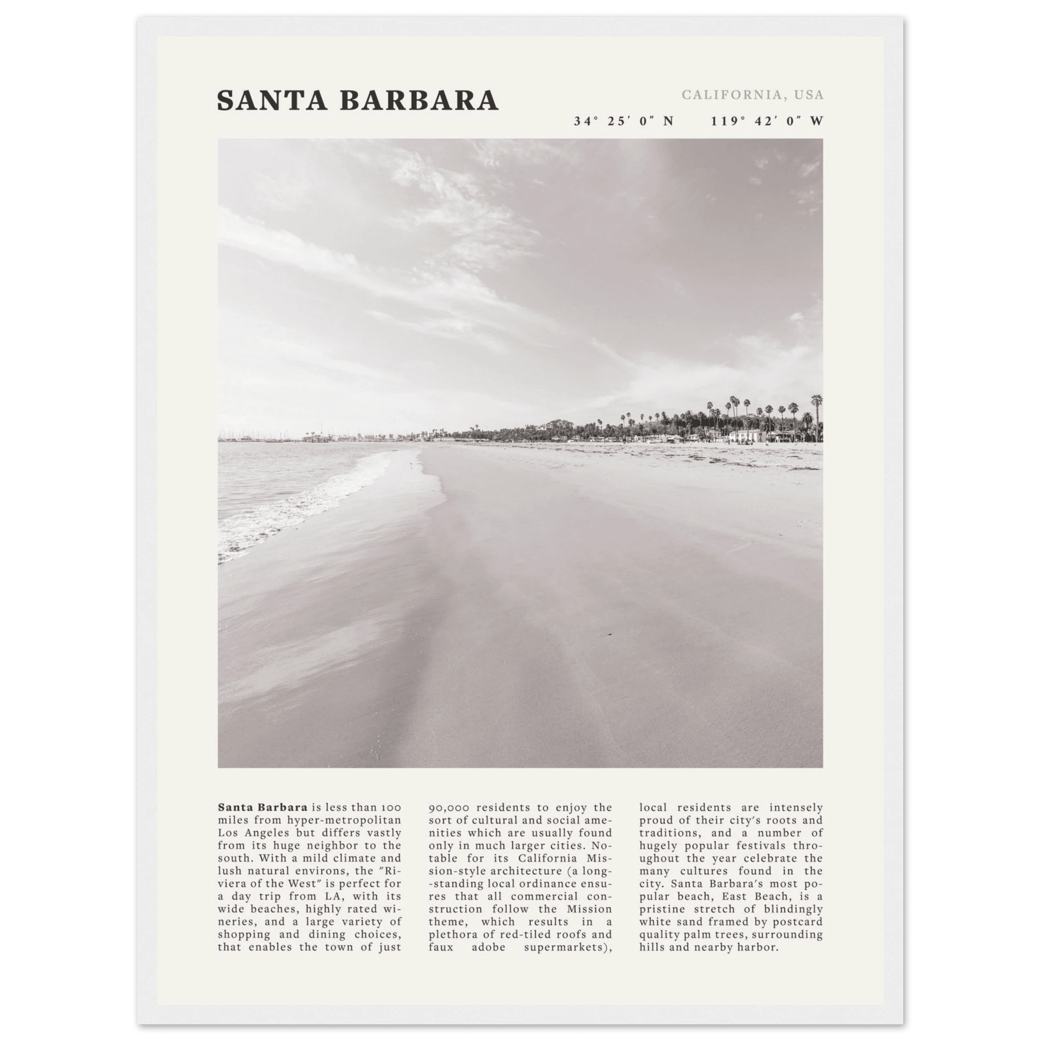 Santa Barbara Poster | Black & White California Beach Wall Art | CA Travel Print - Evergreen Posters