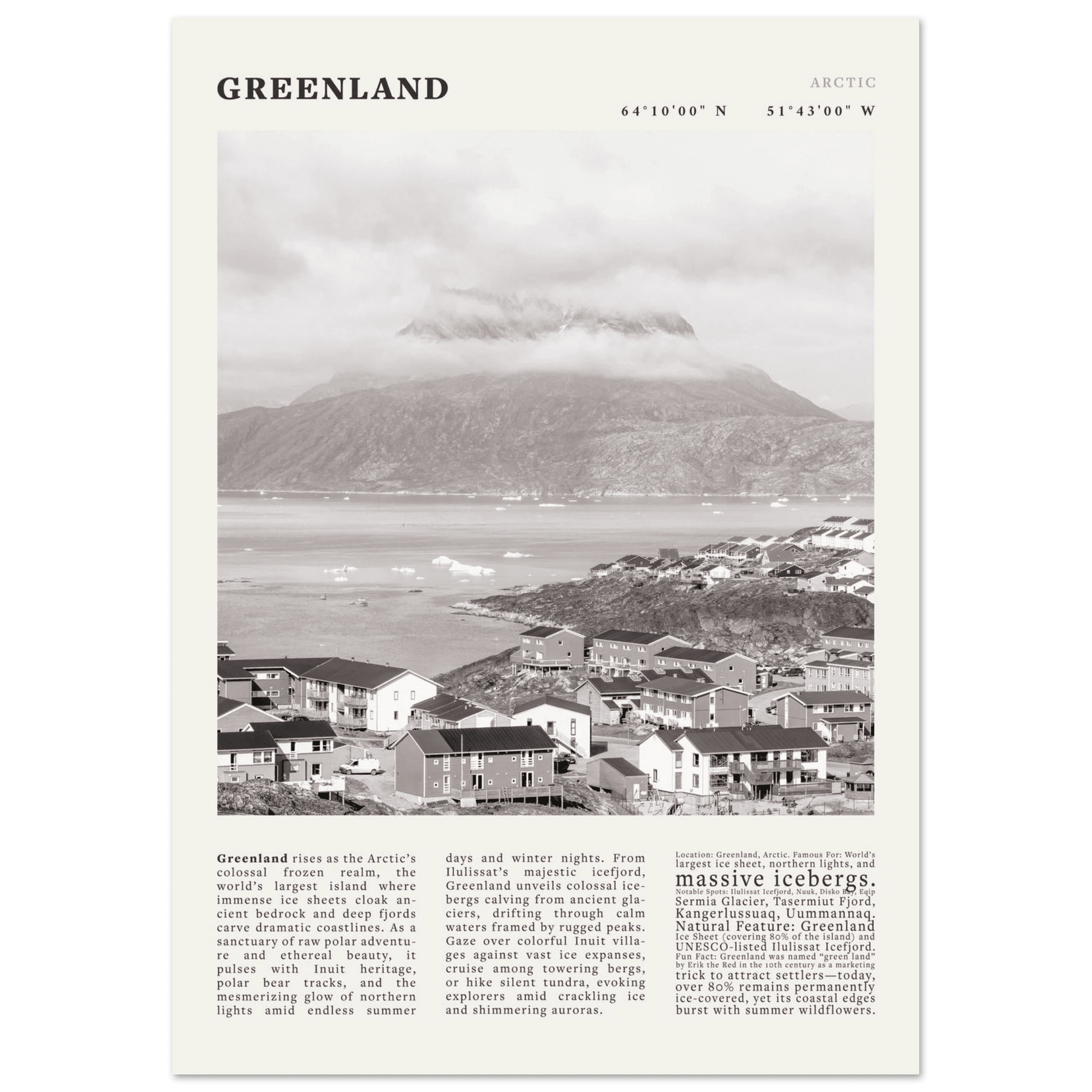Greenland Poster Black and White – Vintage Arctic Fjord Landscape Print (Digital & Printed Options) - Evergreen Posters