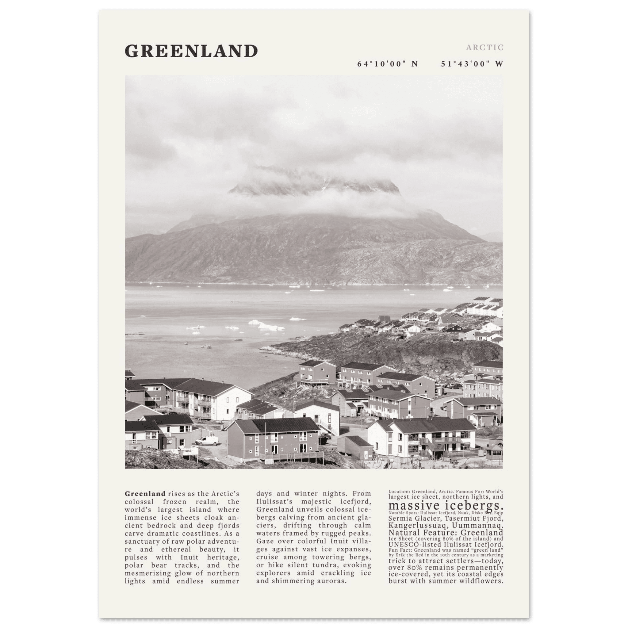 Greenland Poster Black and White – Vintage Arctic Fjord Landscape Print (Digital & Printed Options) - Evergreen Posters