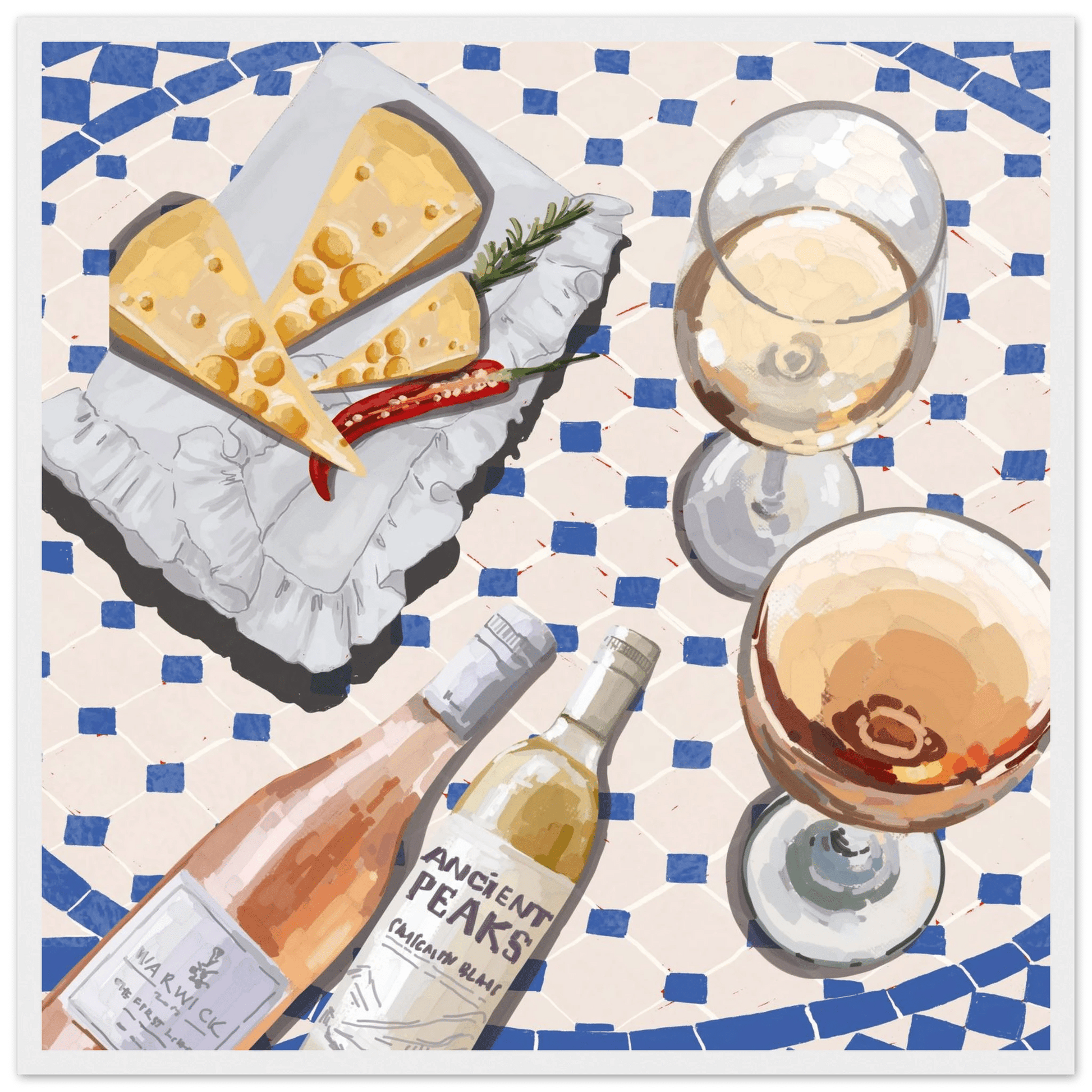 Wine & Cheese Poster | Food Wall Art | Blue Tile Square Kitchen Print - Evergreen Posters - 19