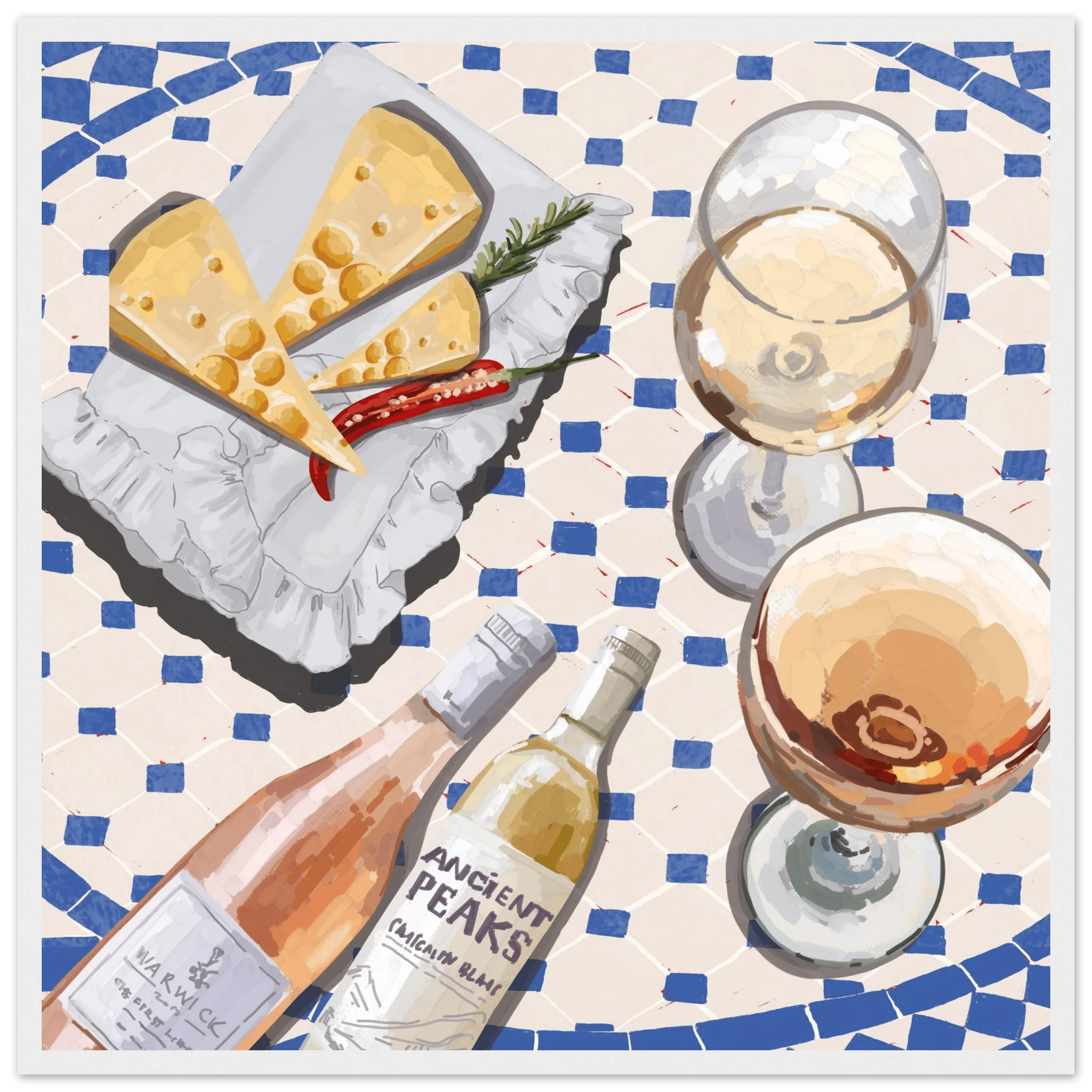 Wine & Cheese Poster | Food Wall Art | Blue Tile Square Kitchen Print - Evergreen Posters - 19